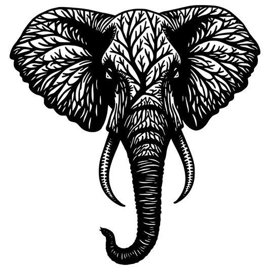 Black and white illustration of an elephant head with detailed tree patterns.