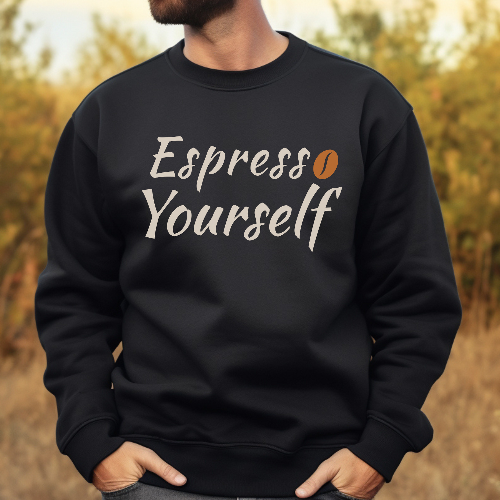 Espresso Yourself PNG digital design with a coffee bean on a man's black sweatshirt
