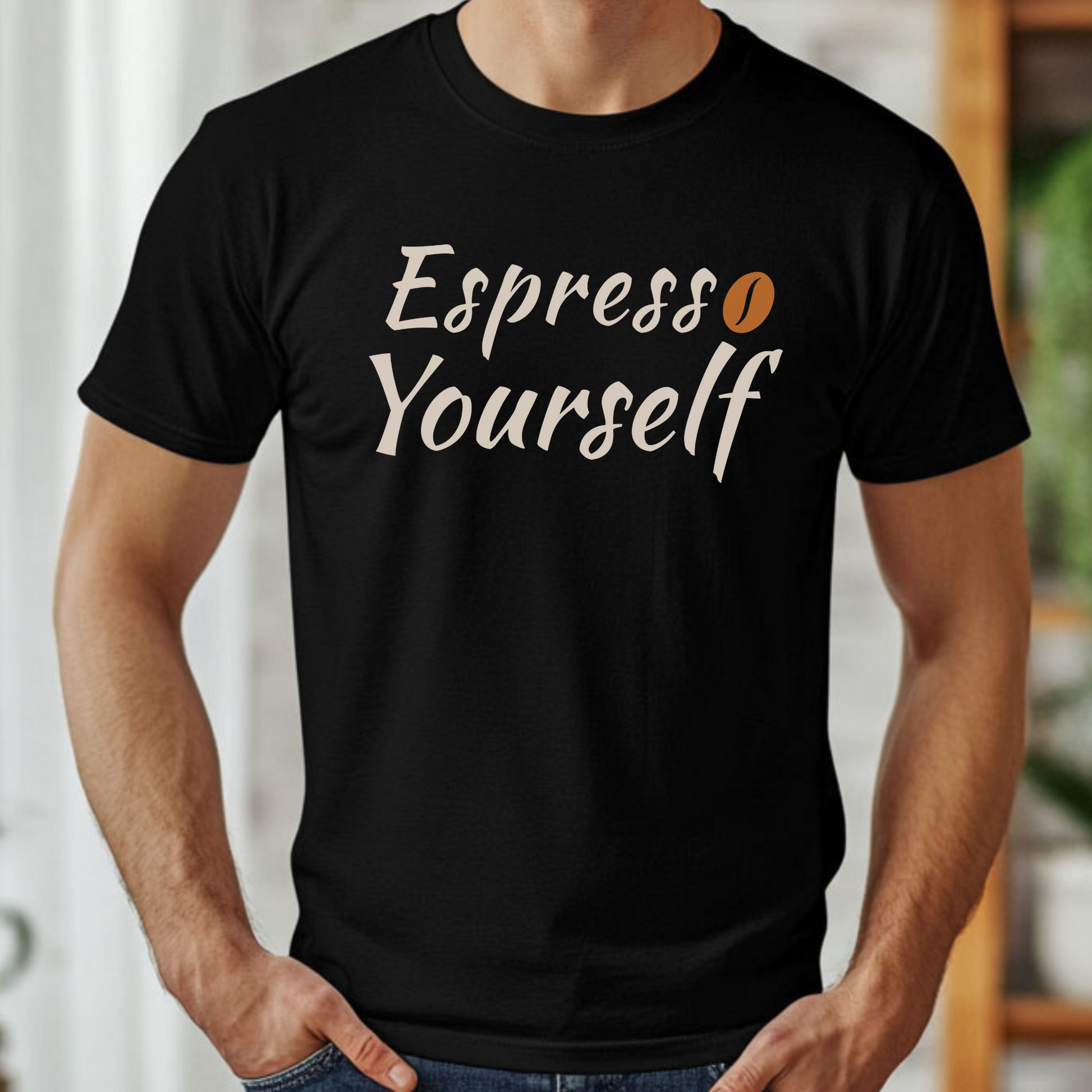 Espresso Yourself PNG digital design with a coffee bean on a man's black t-shirt.