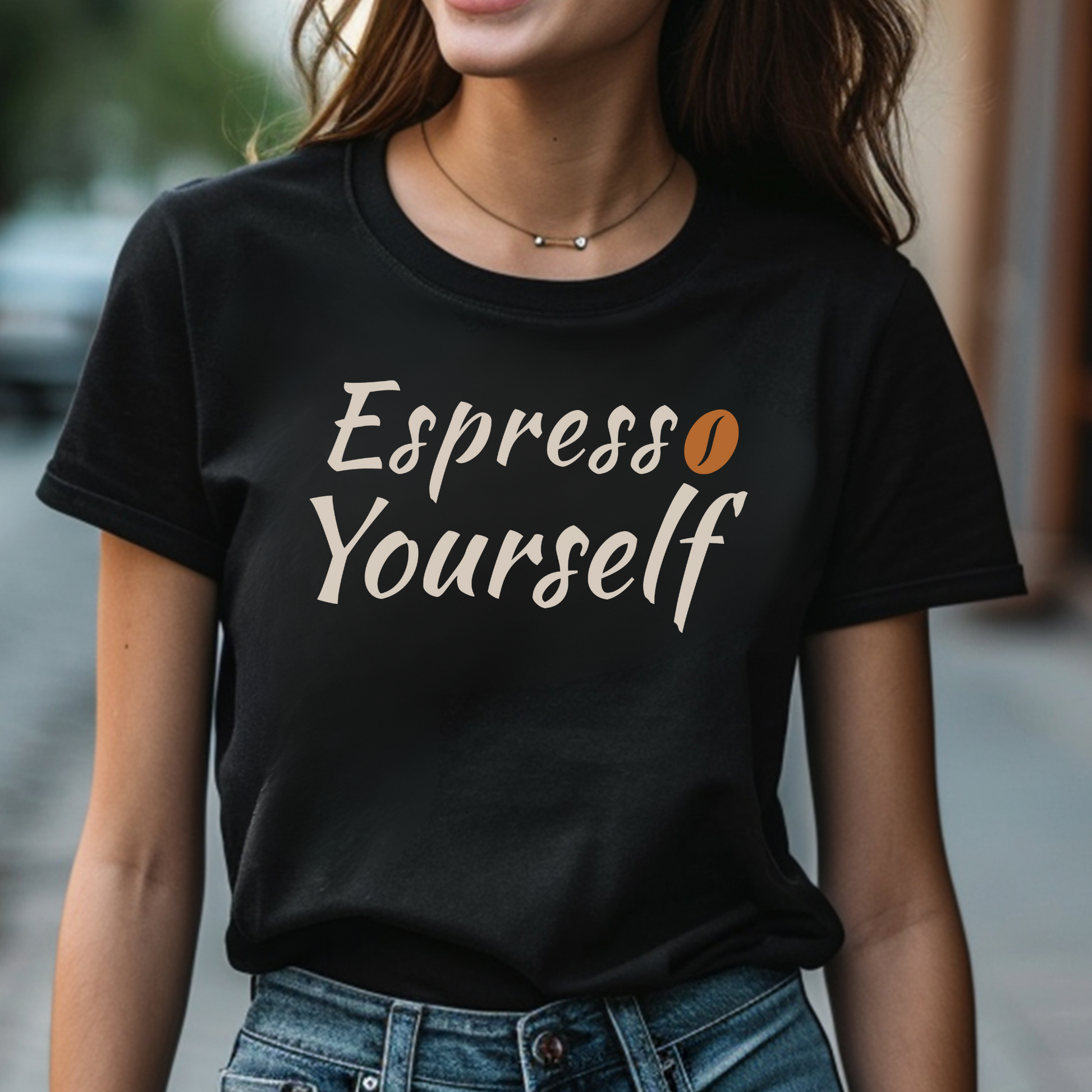 Espresso Yourself PNG digital design with a coffee bean on a woman's black t-shirt.