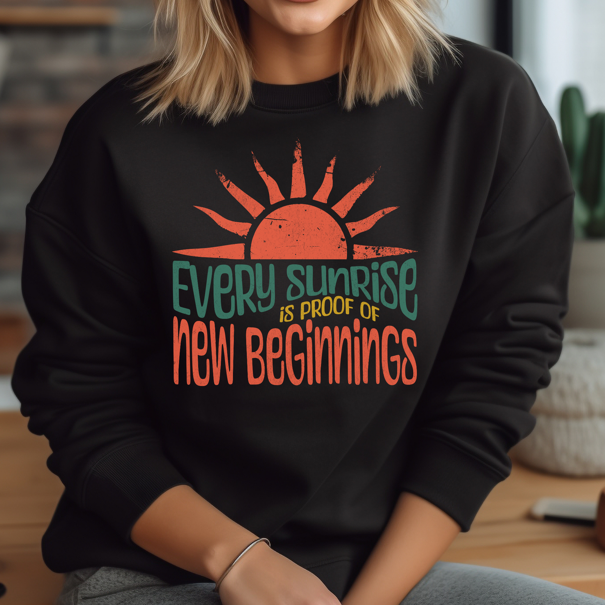 Every Sunrise Is Proof Of New Beginnings digital design on a woman’s black sweatshirt