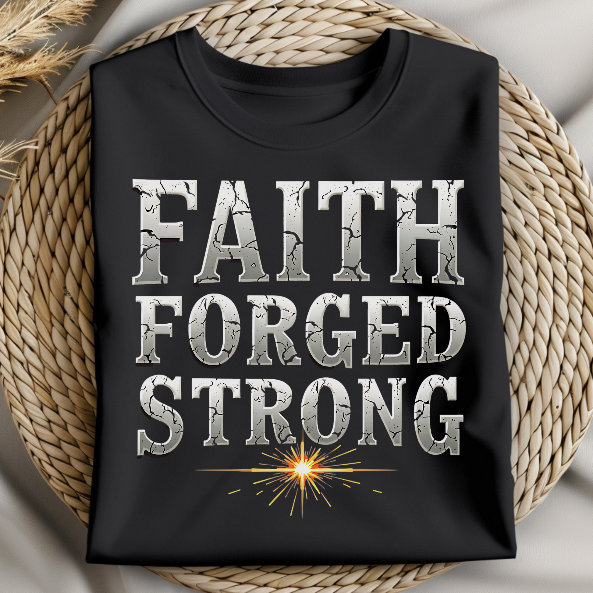 Faith Forged Strong Christian quote digital design on a folded black t-shirt