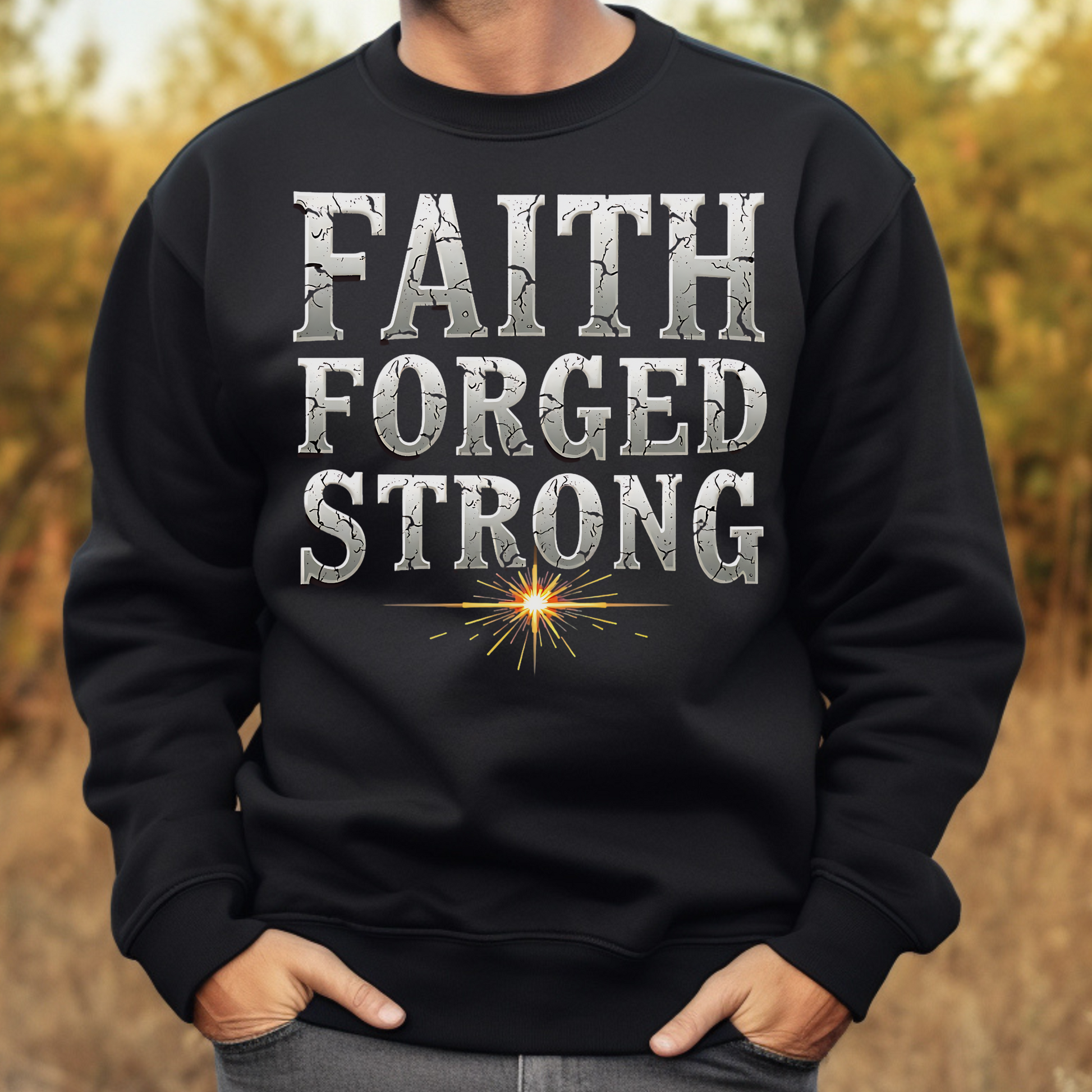 Faith Forged Strong Christian quote digital design on a man's black sweatshirt