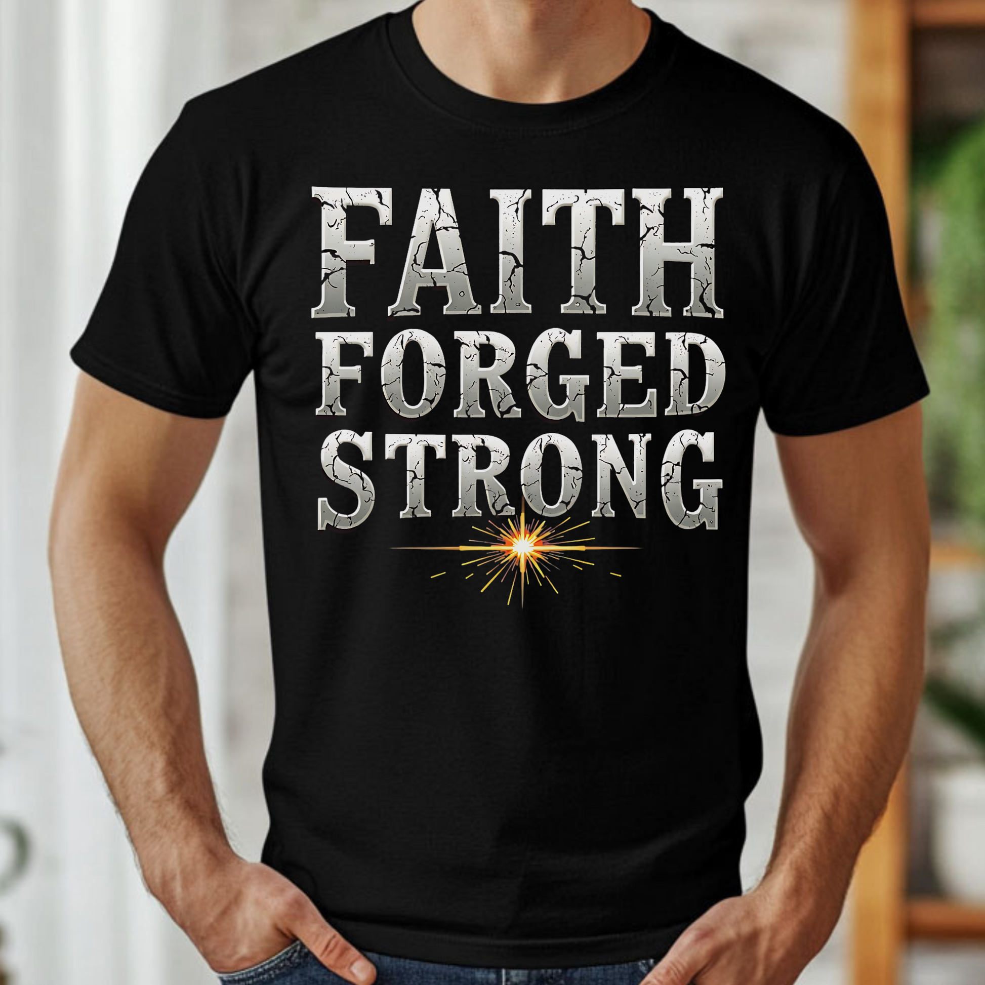 Faith Forged Strong Christian quote digital design on a man's black t-shirt