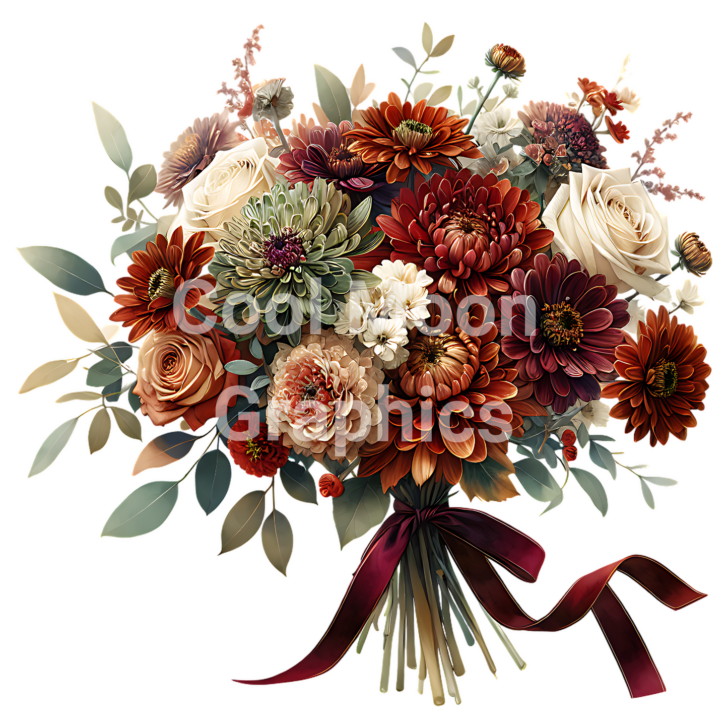 Bouquet of flowers with a red ribbon on a white background.