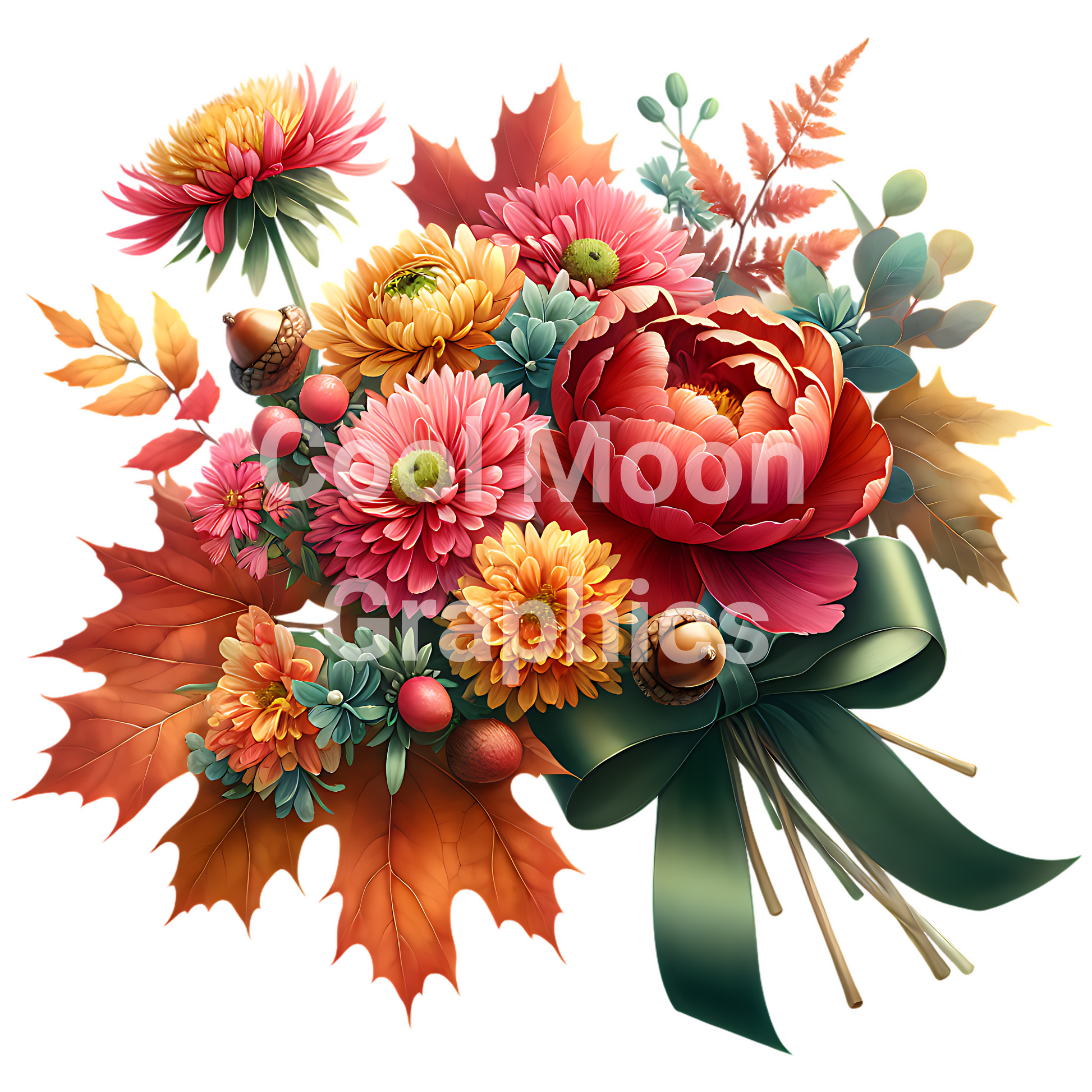 Colorful autumn floral arrangement with leaves and ribbons on a white background