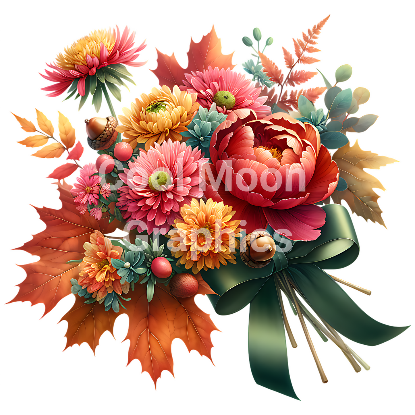 Colorful autumn floral arrangement with leaves and ribbons on a white background