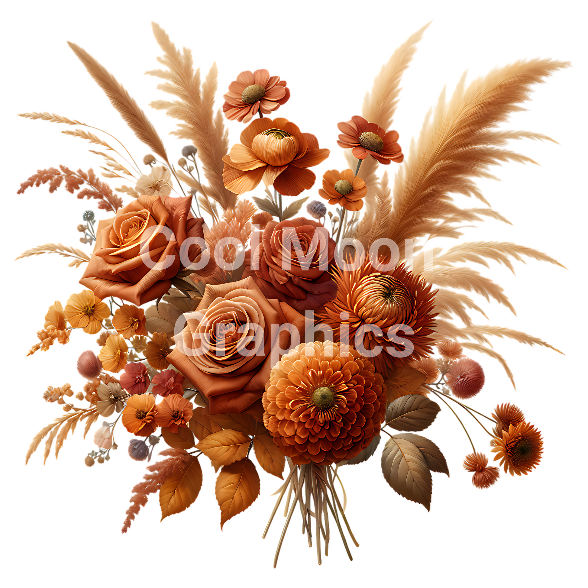 Bouquet of autumnal flowers with roses and pampas grass on a white background