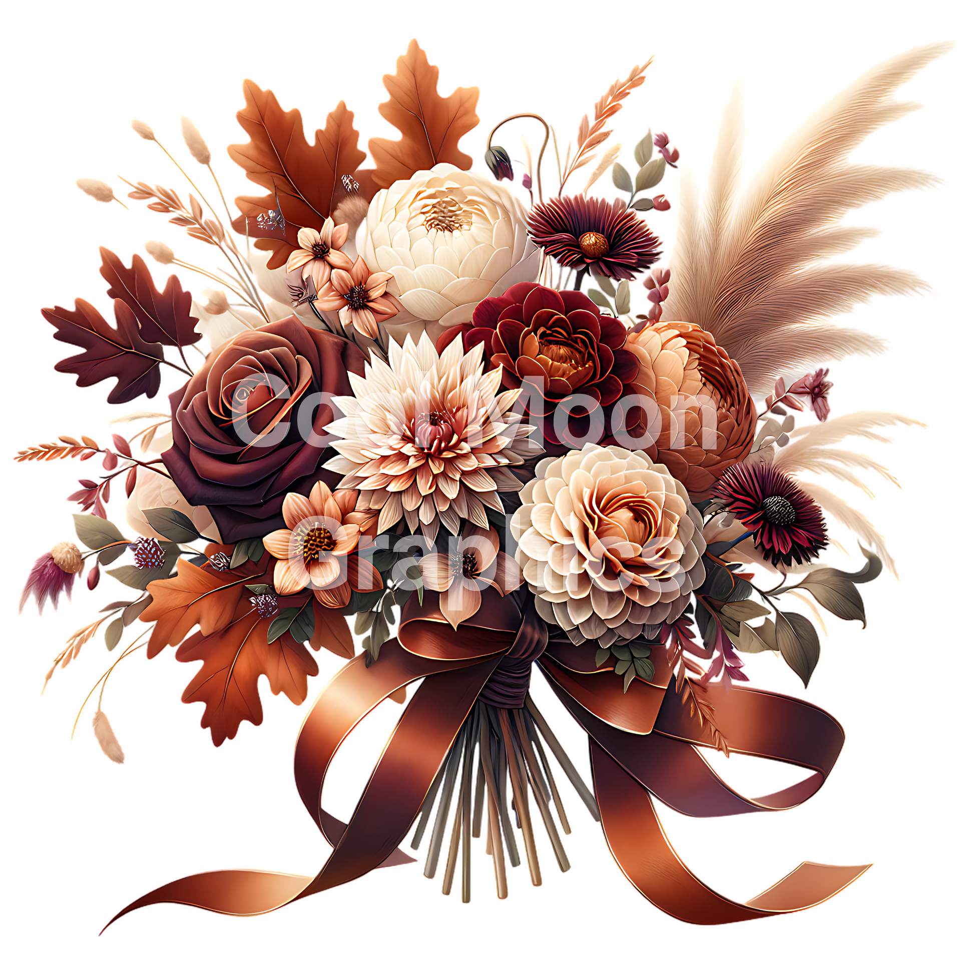 Autumnal flower arrangement with ribbons on a white background