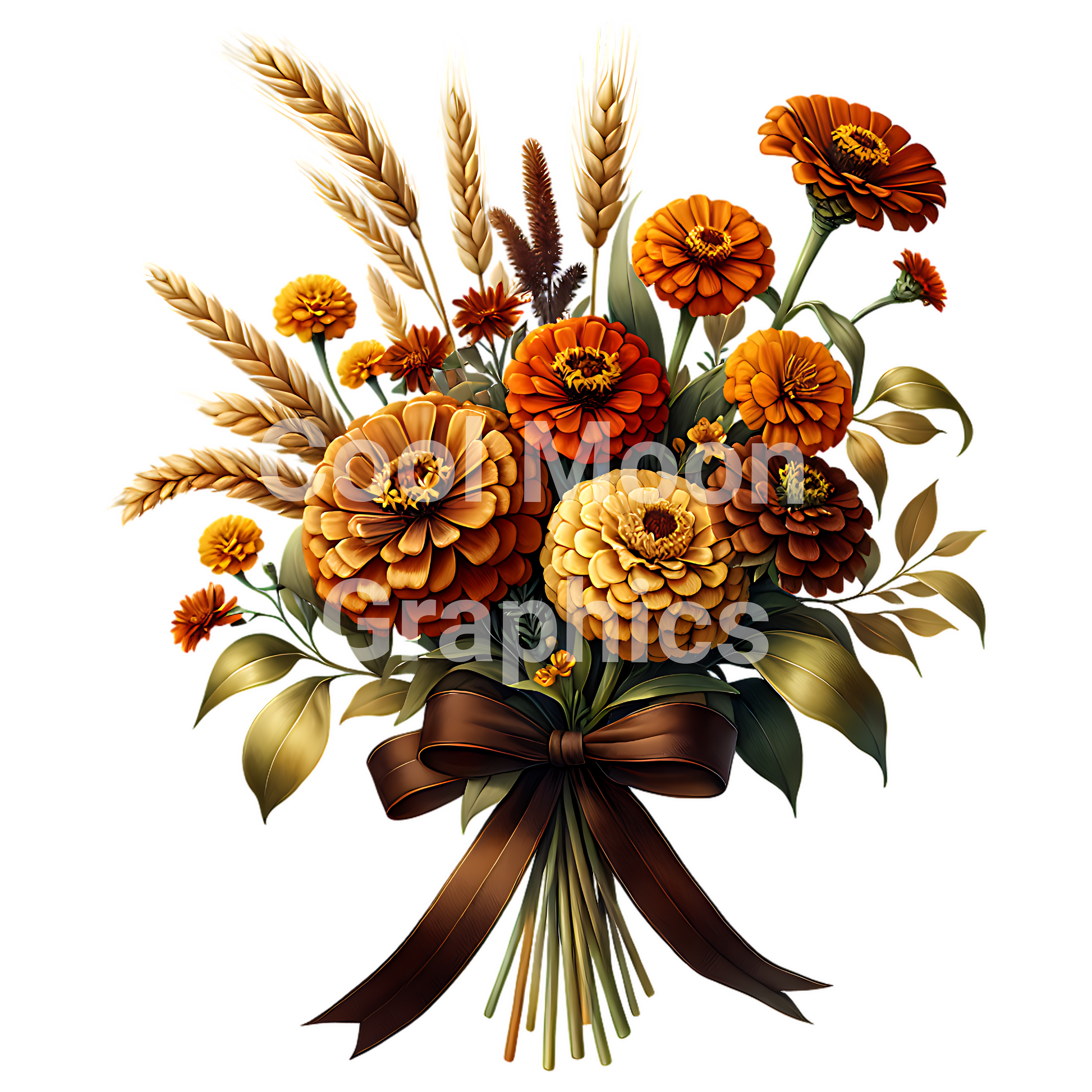 Bouquet of autumn flowers with a brown ribbon on a white background