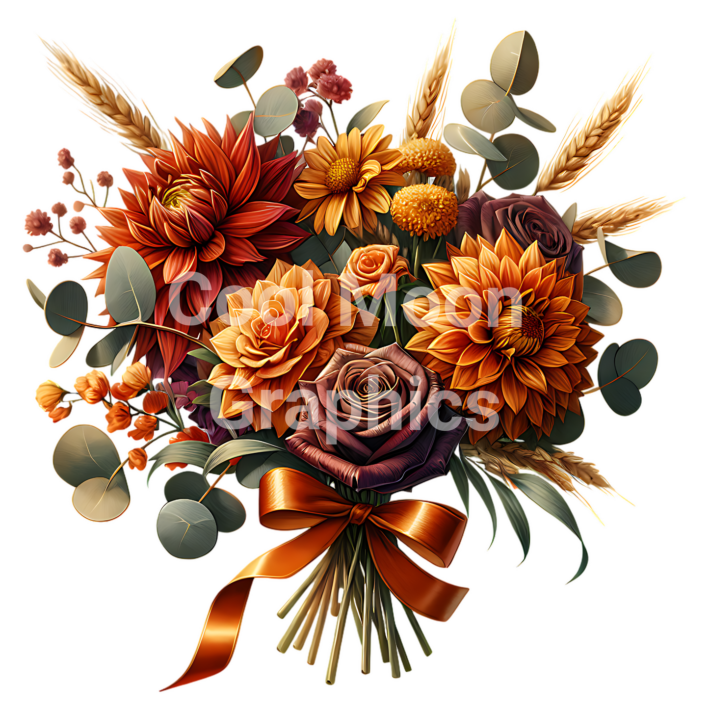 Bouquet of autumn flowers with a ribbon on a white background, featuring colors like orange, brown, and green.