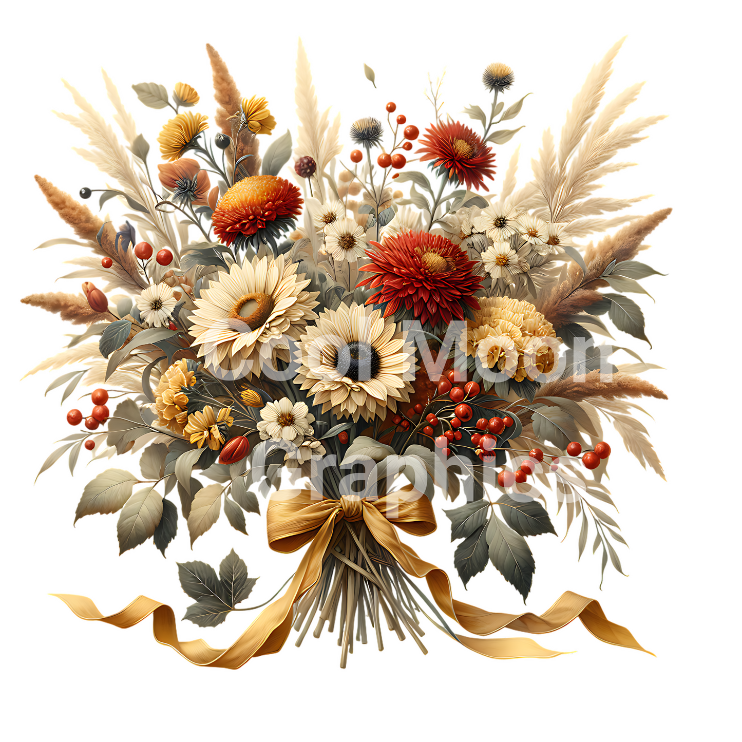 Autumnal flower arrangement with gold ribbons on a white background