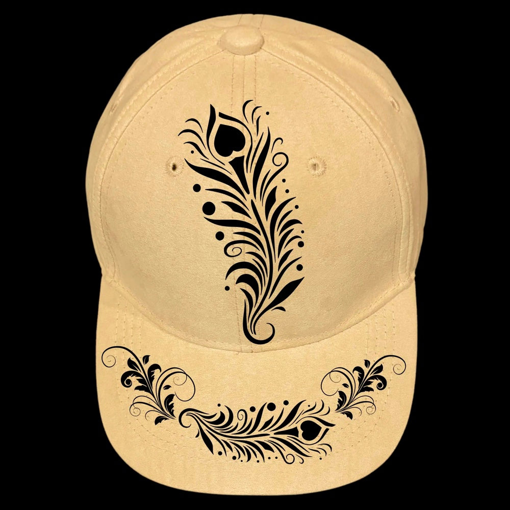 Feathered Flourish burned hat burning design on a baseball cap