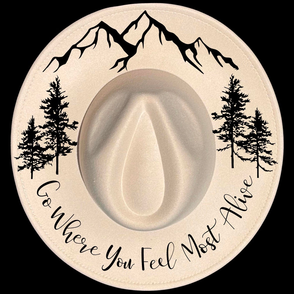 Go Where You Feel Alive burned hat burning design on a wide brim hat