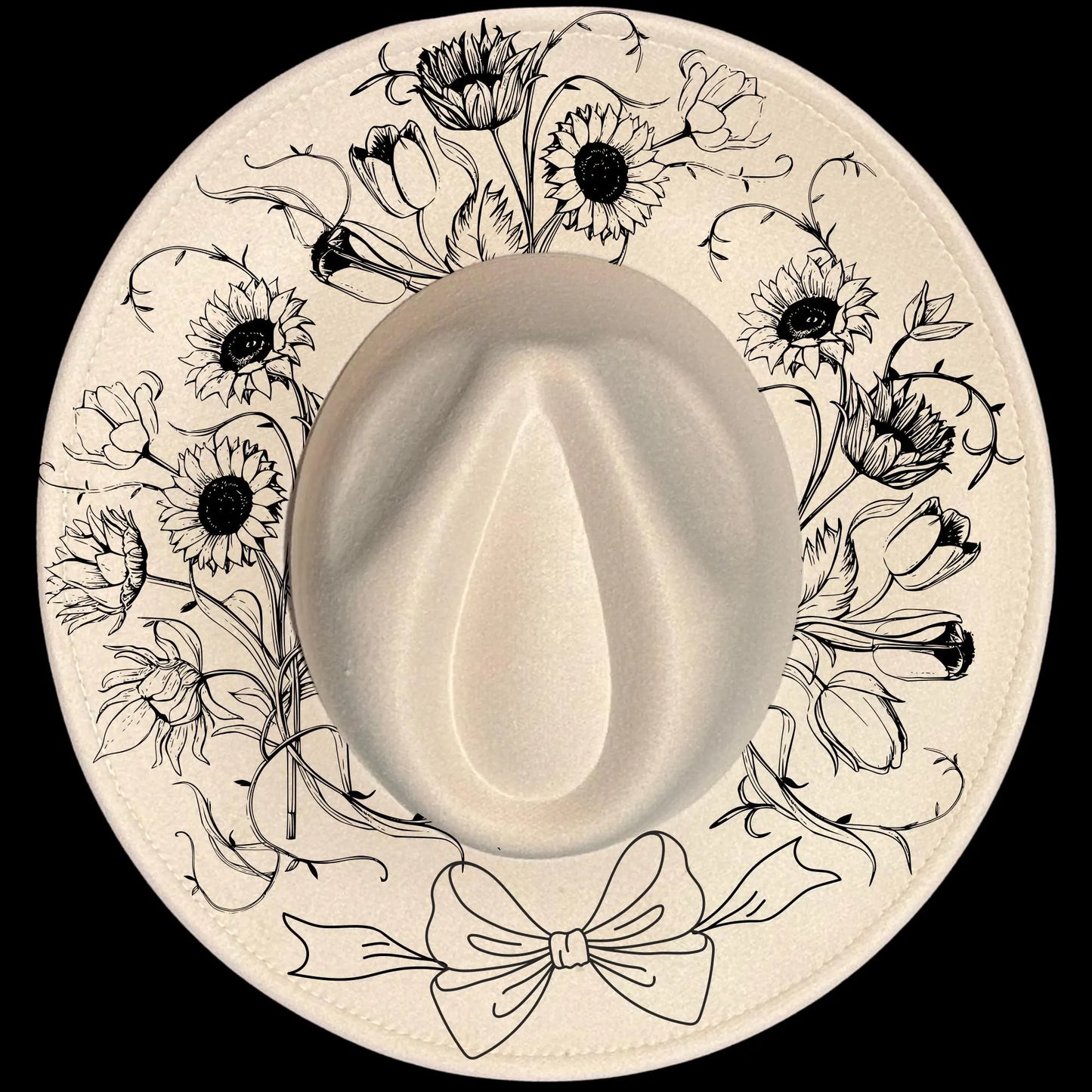 Floral Bouquet Bow burned hat burning design on a wide brim hat