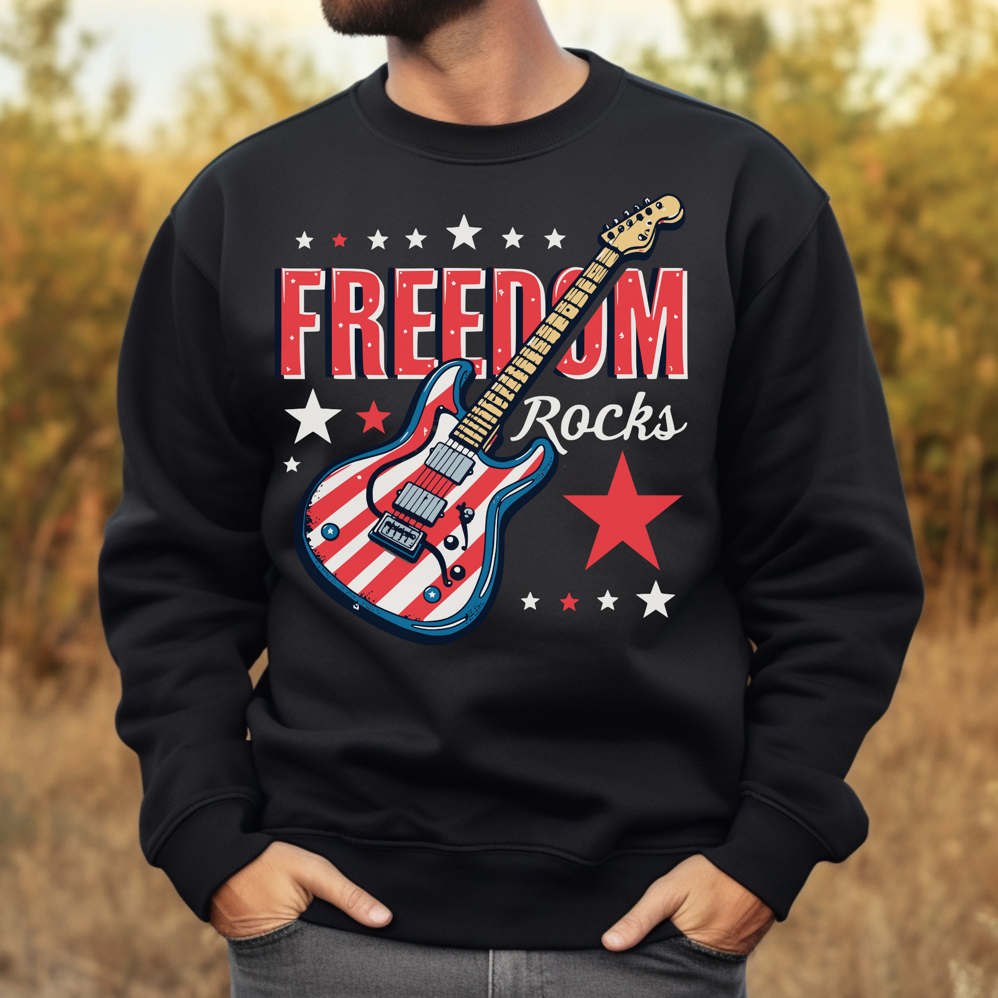Freedom Rocks Guitar patriotic 4th of July digital design on a man's black sweatshirt
