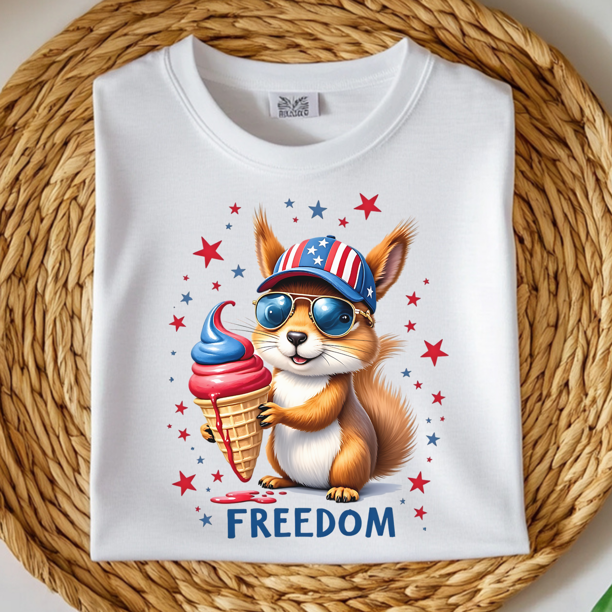 Freedom Squirrel independence day 4th of July digital design on a folded t-shirt