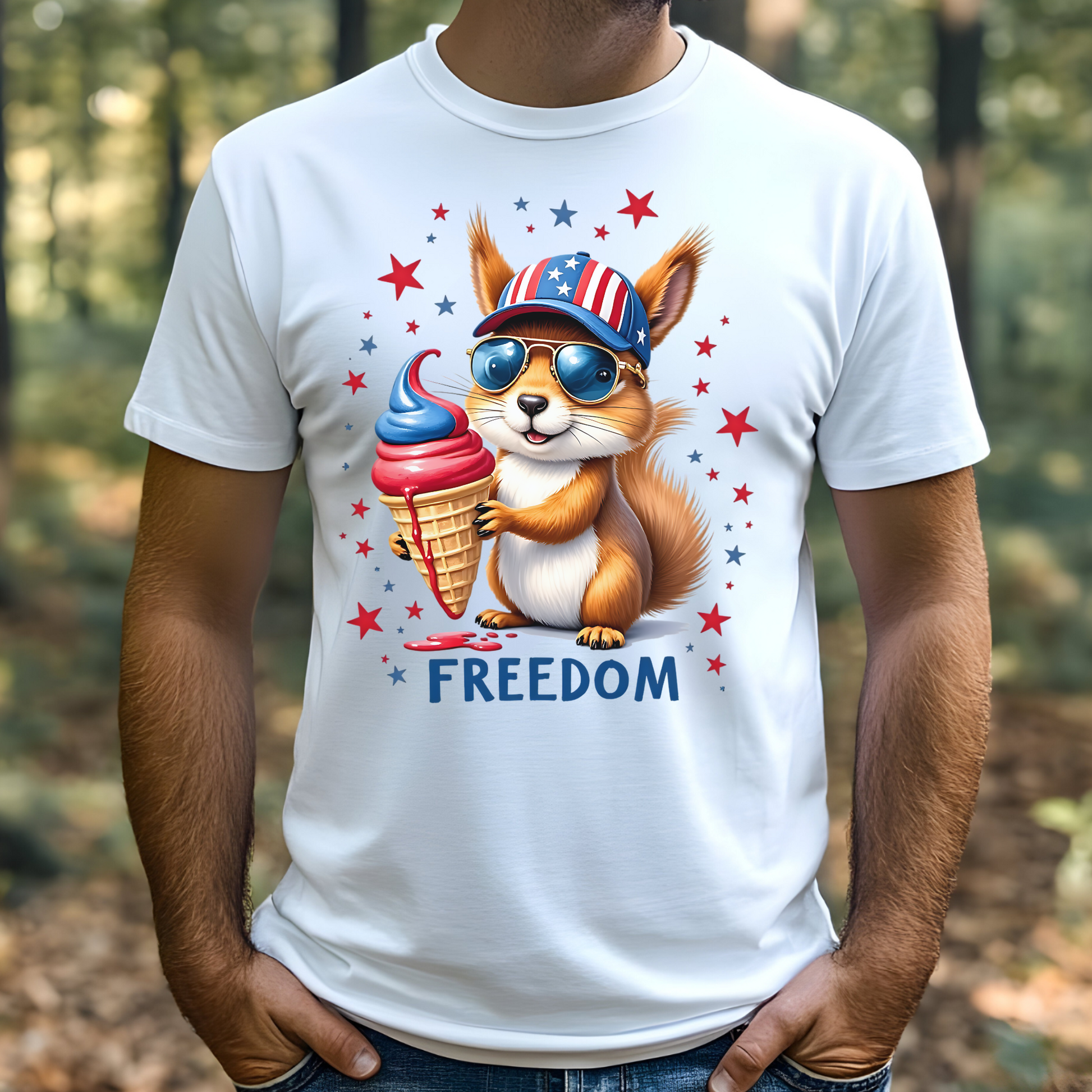 Freedom Squirrel independence day 4th of July digital design on a man's t-shirt