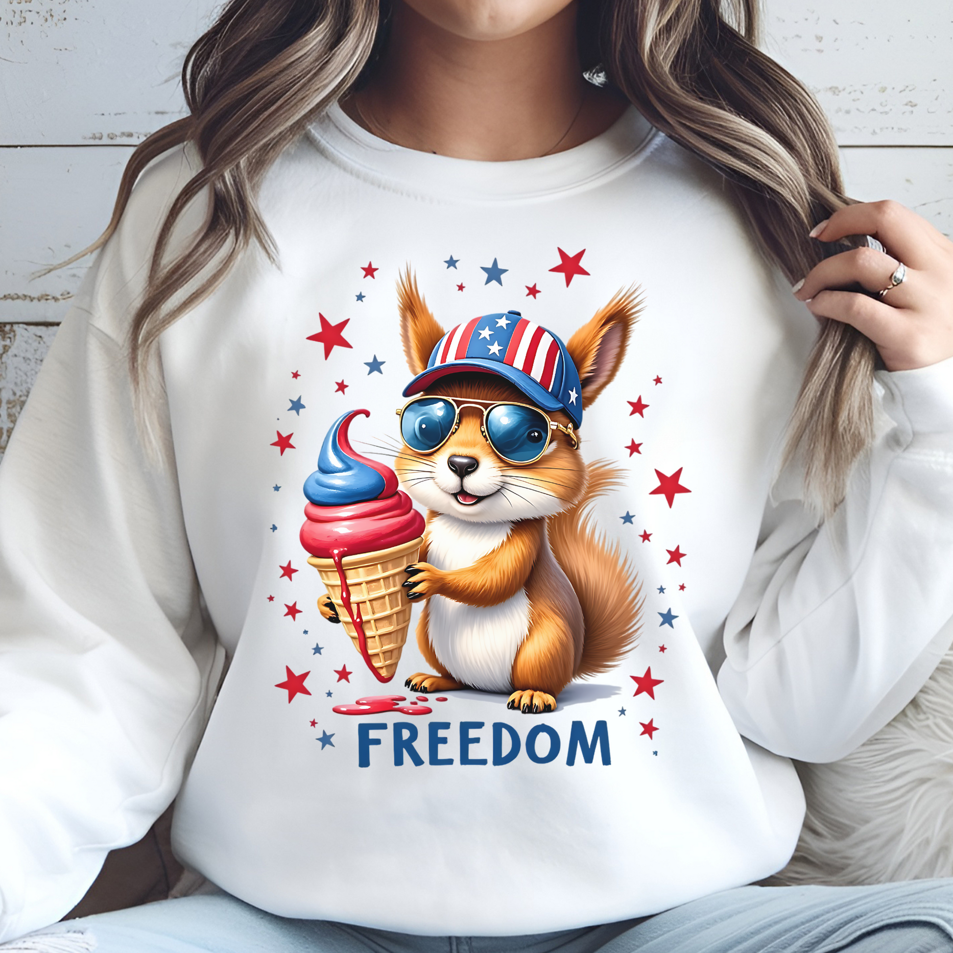 Freedom Squirrel independence day 4th of July digital design on a woman's sweatshirt