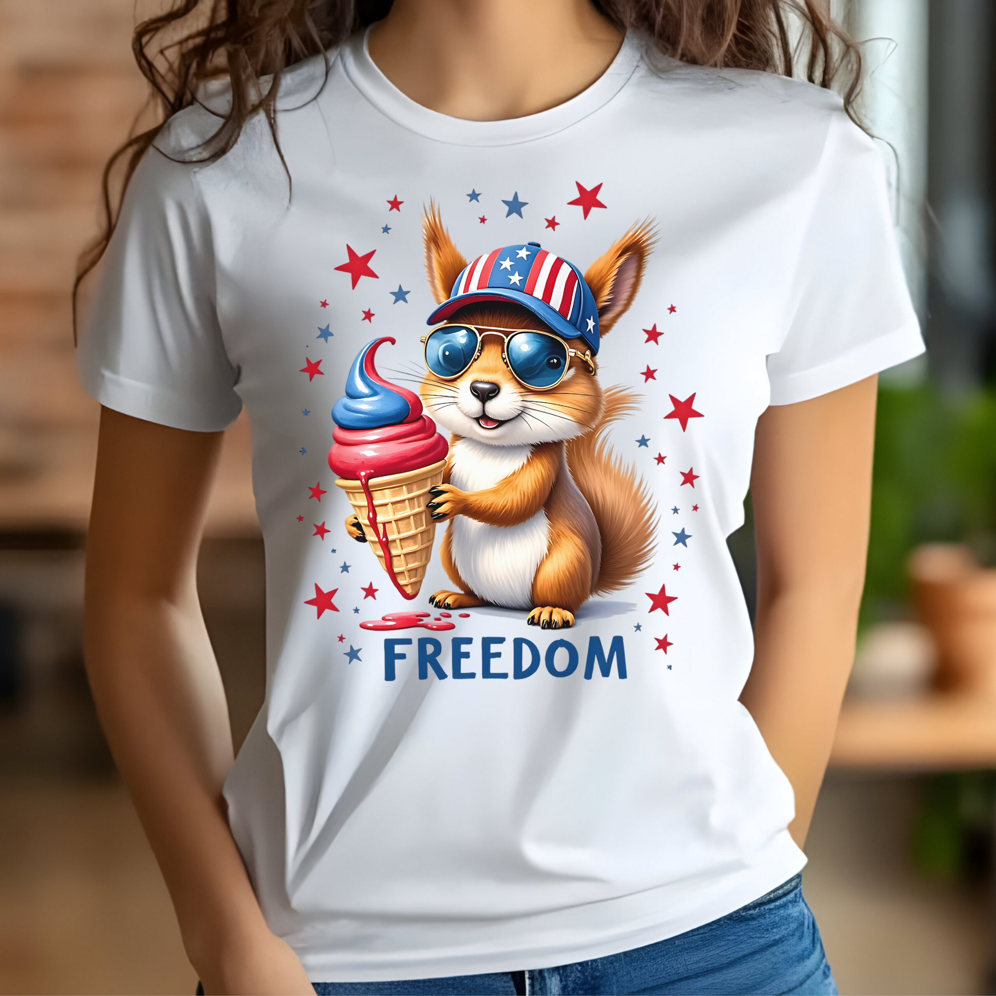 Freedom Squirrel independence day 4th of July digital design on a woman's white t-shirt