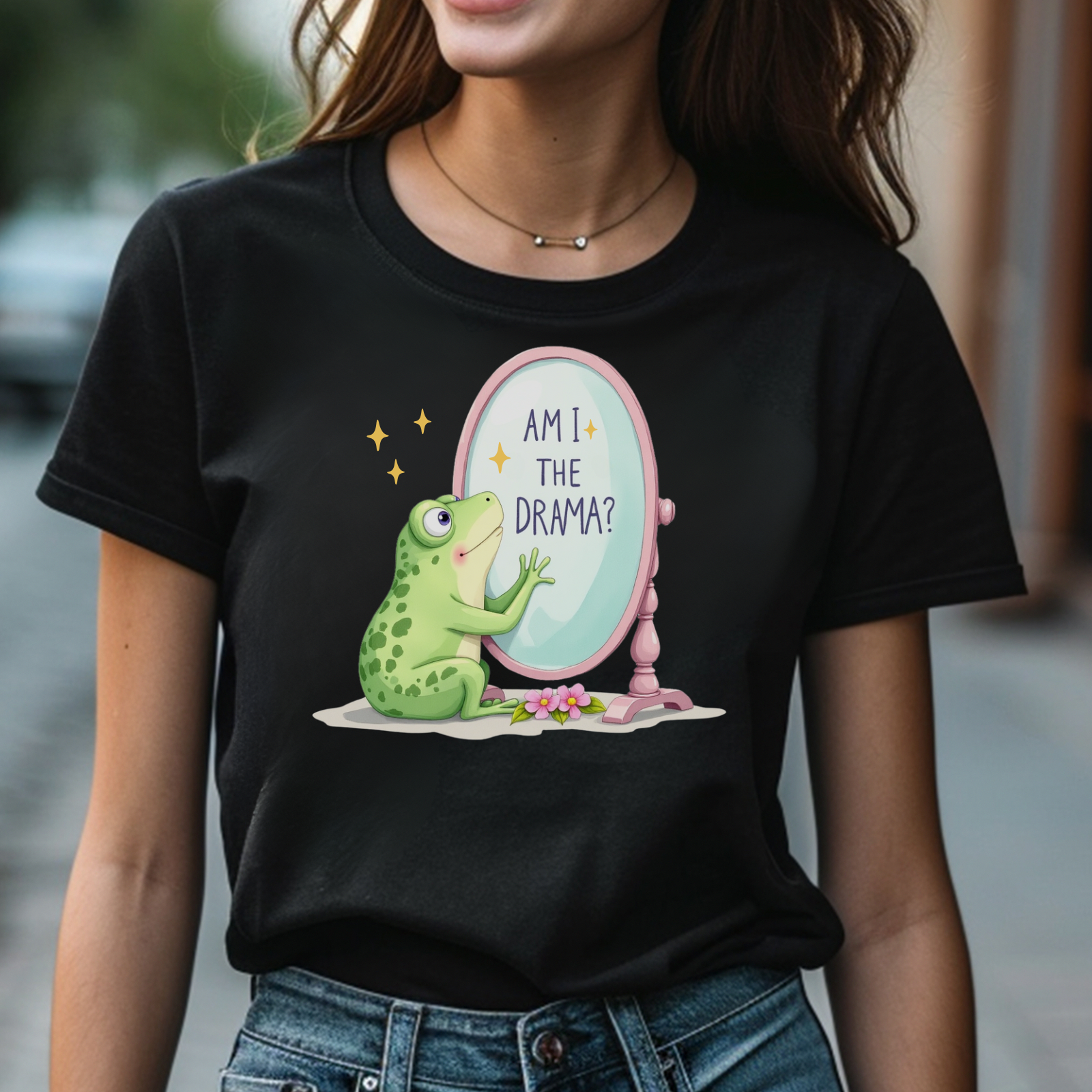 Am I The Drama? digital design on a woman’s black t-shirt