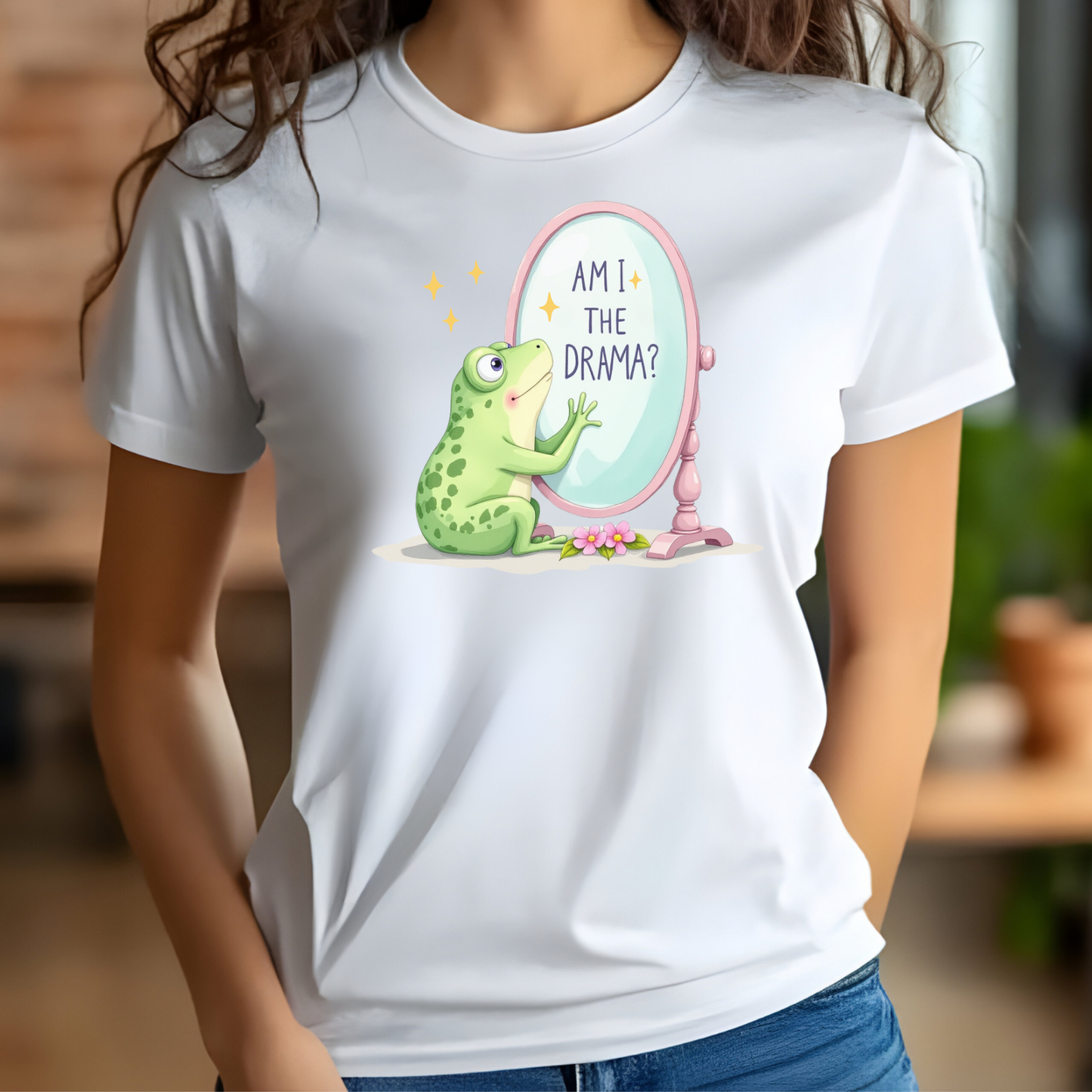Am I The Drama? digital design on a woman’s white t-shirt