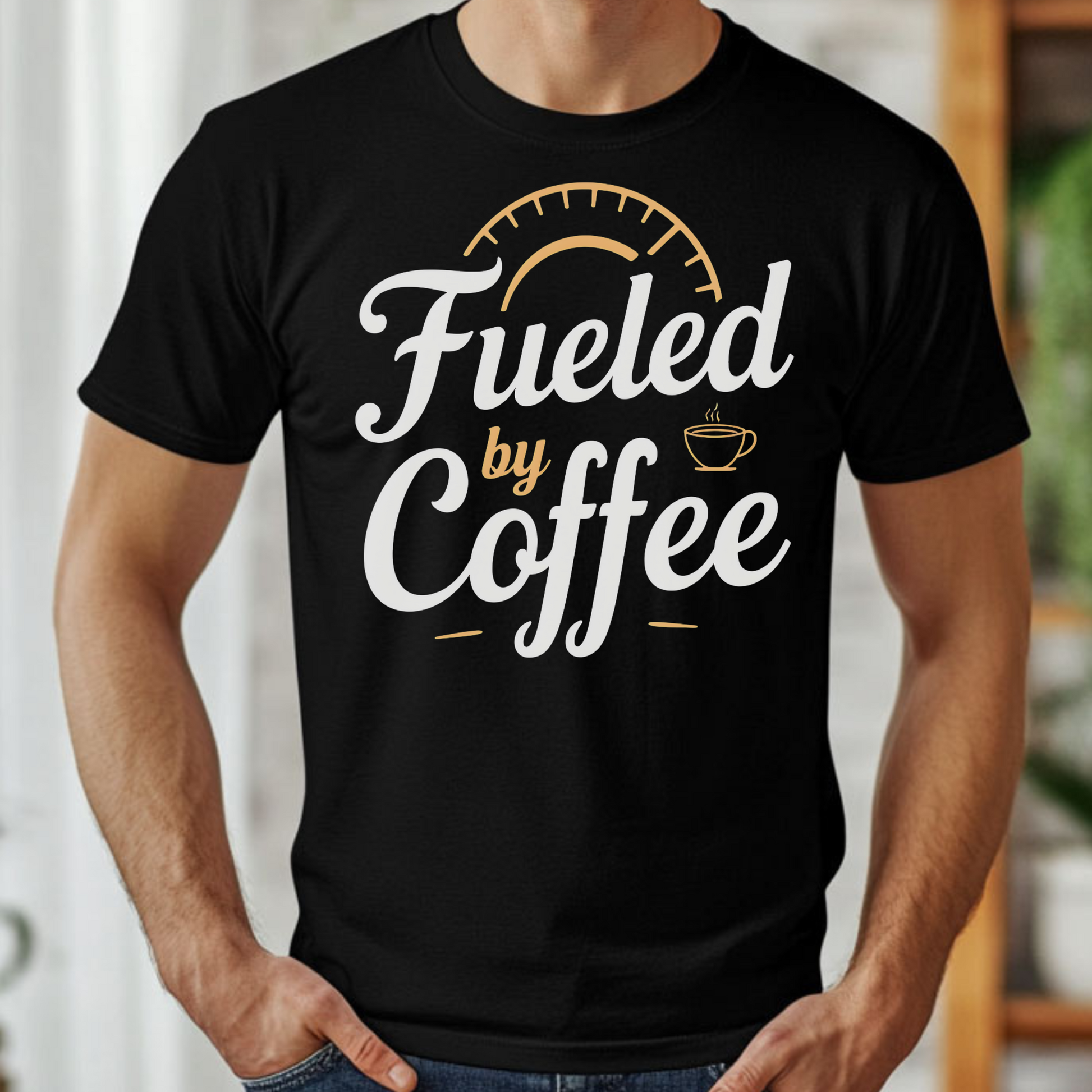 Fueled By Coffee PNG digital design on a man's black t-shirt