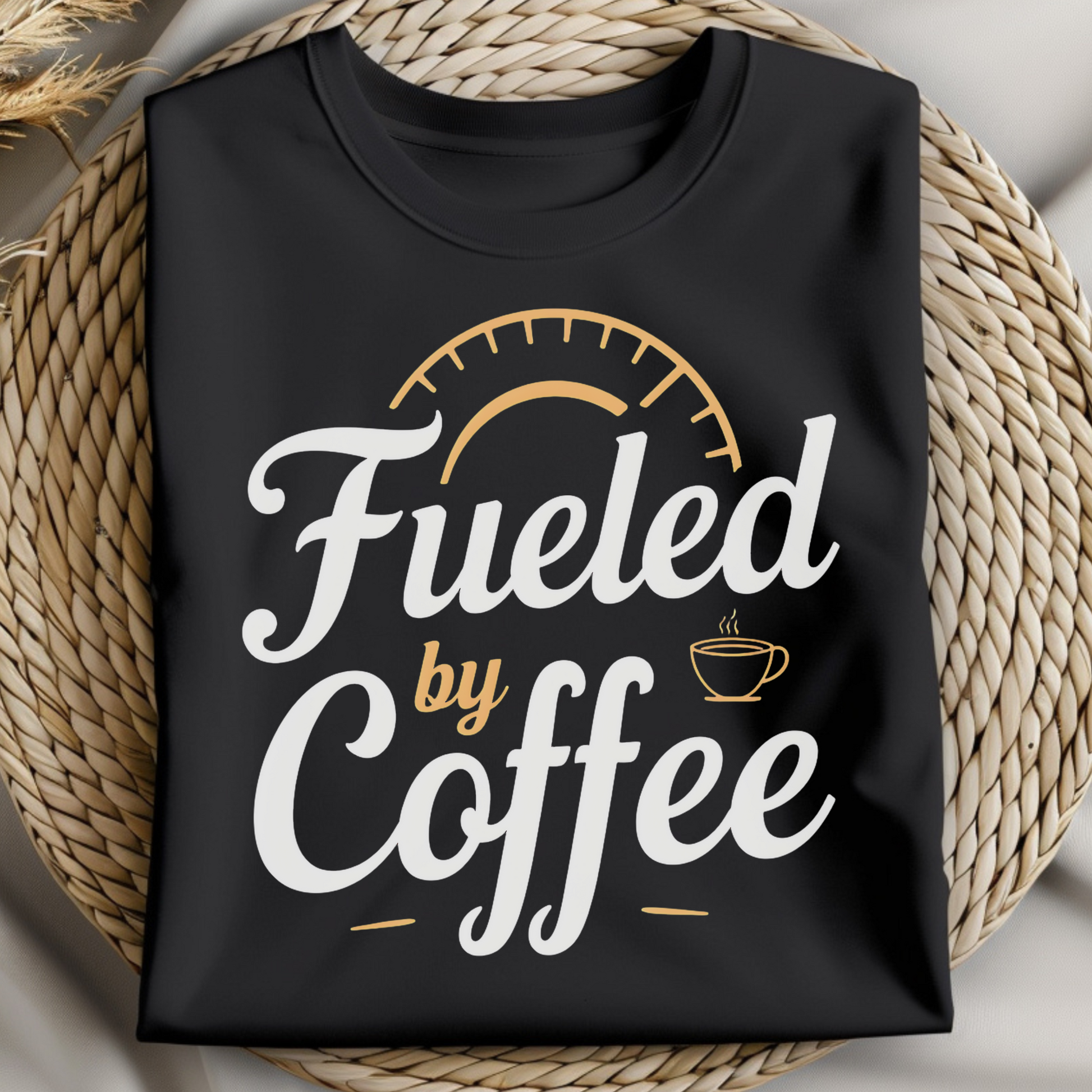Fueled By Coffee PNG digital design on a folded t-shirt