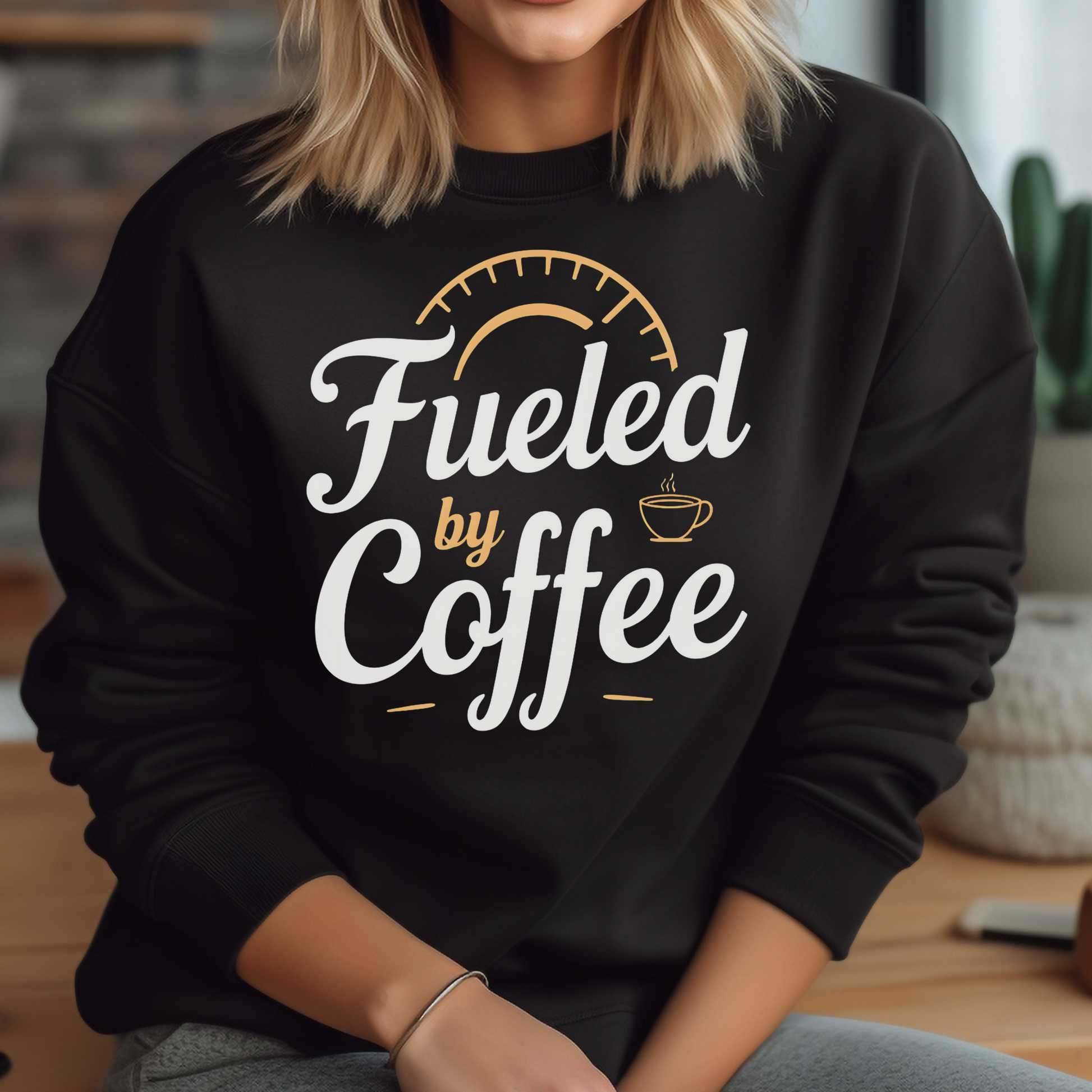 Fueled By Coffee PNG digital design on a woman's black sweatshirt