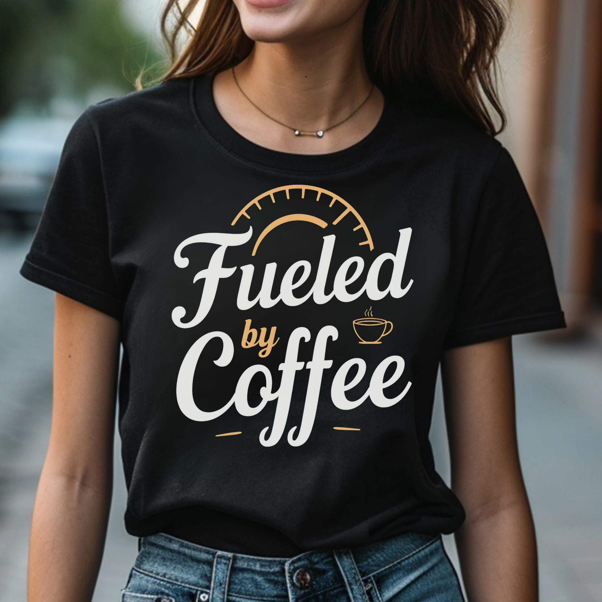 Fueled By Coffee PNG digital design on a woman's black t-shirt