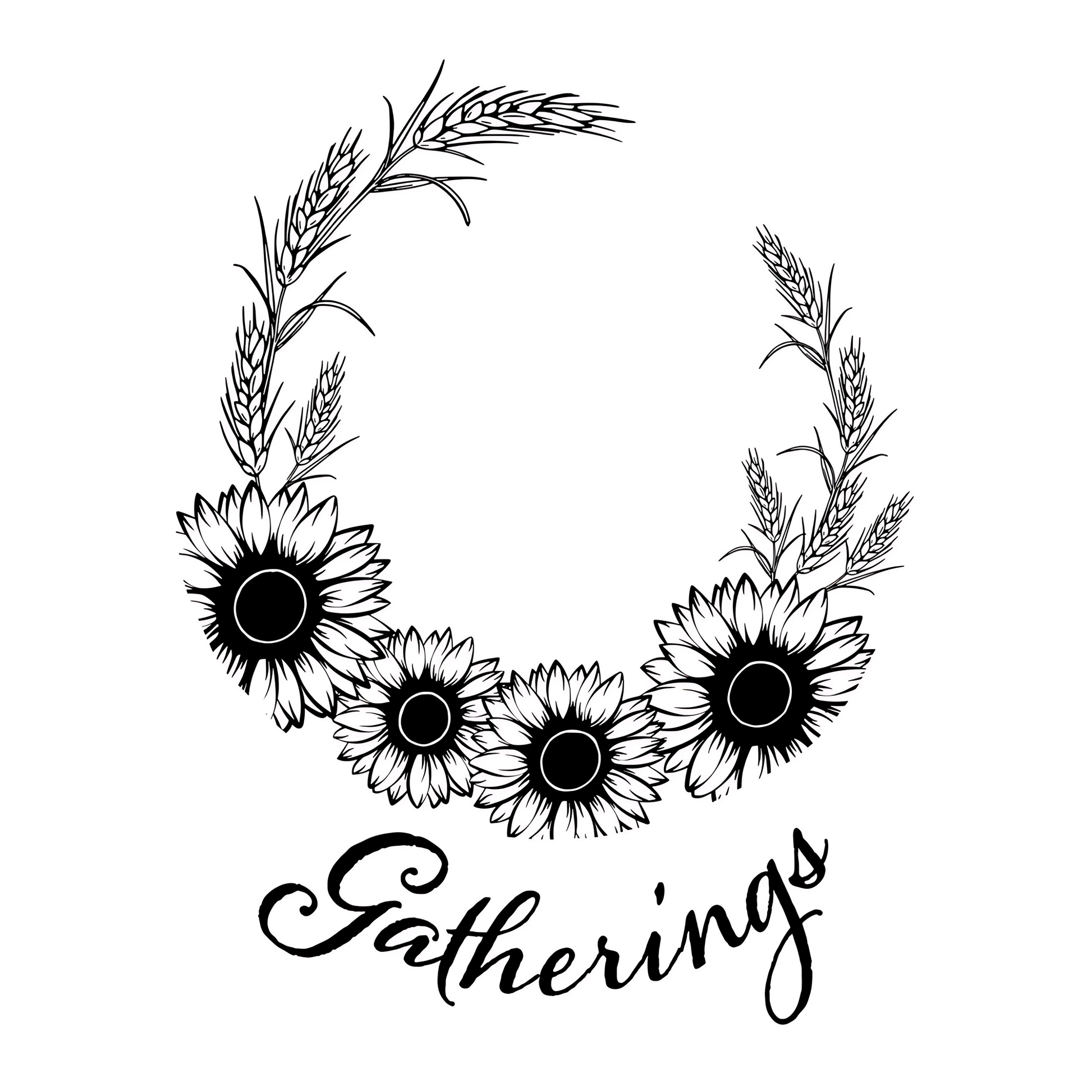 Black floral wreath with sunflowers and text 'Gatherings' on a white background