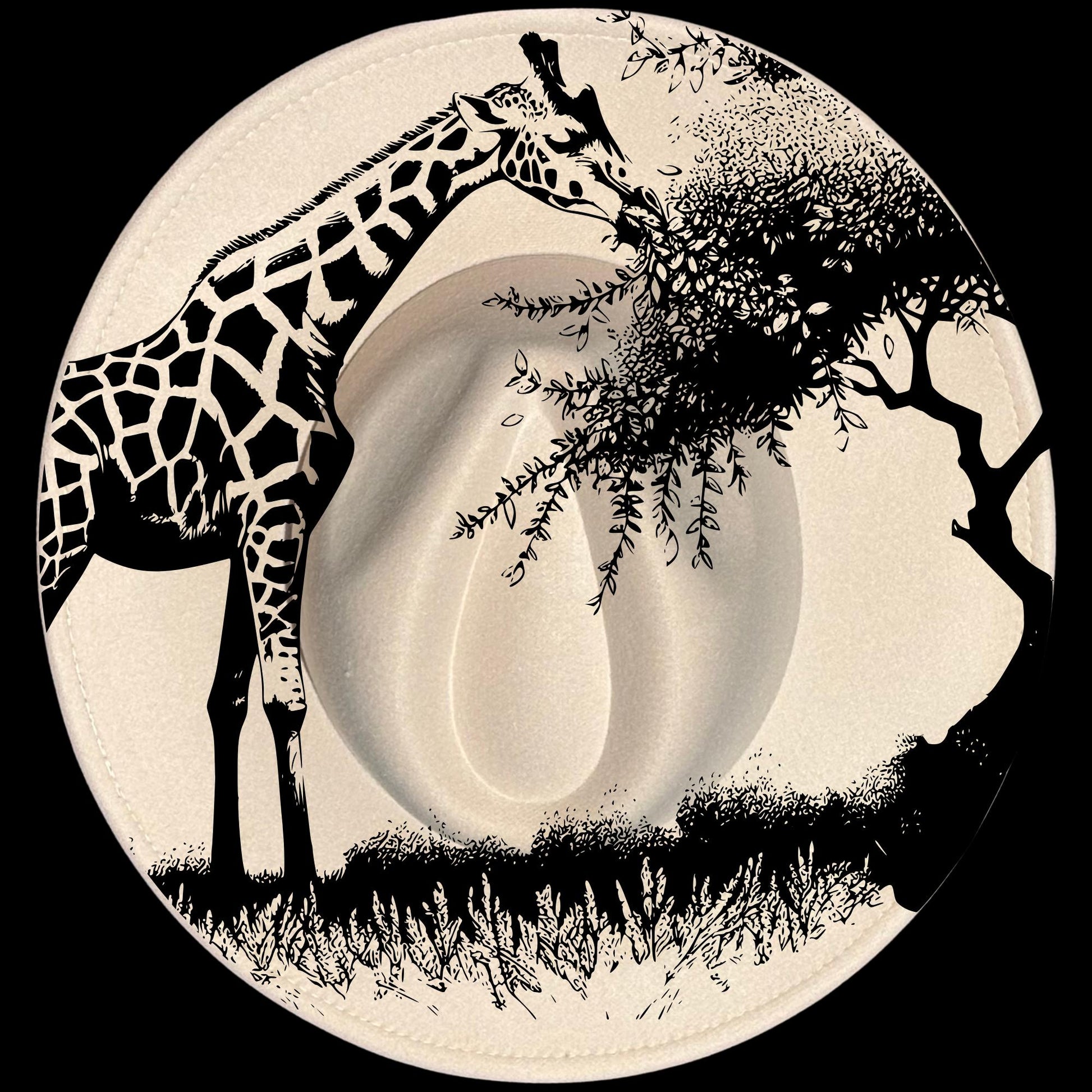 Giraffe Life burned hat burning design on a wide brim hat