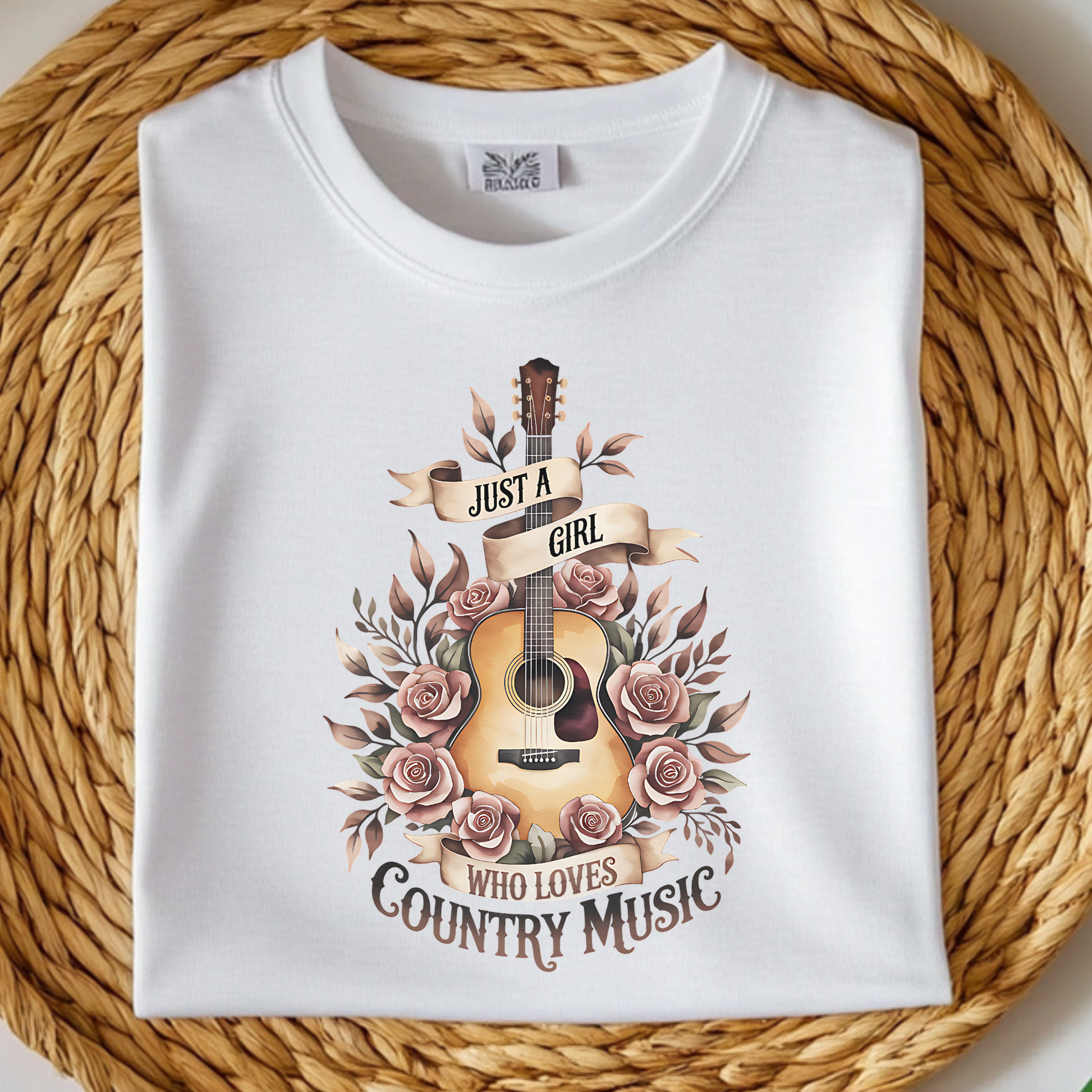 Just A Girl Who Loves Country Music PNG digital design on a folded white t-shirt