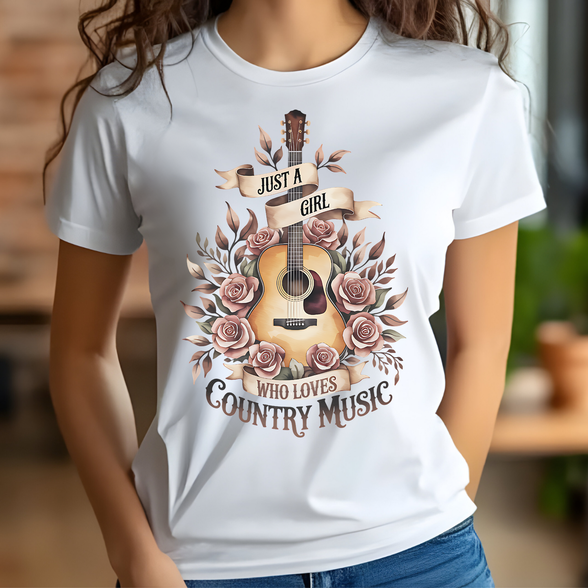 Just A Girl Who Loves Country Music PNG digital design on a woman's white t-shirt.