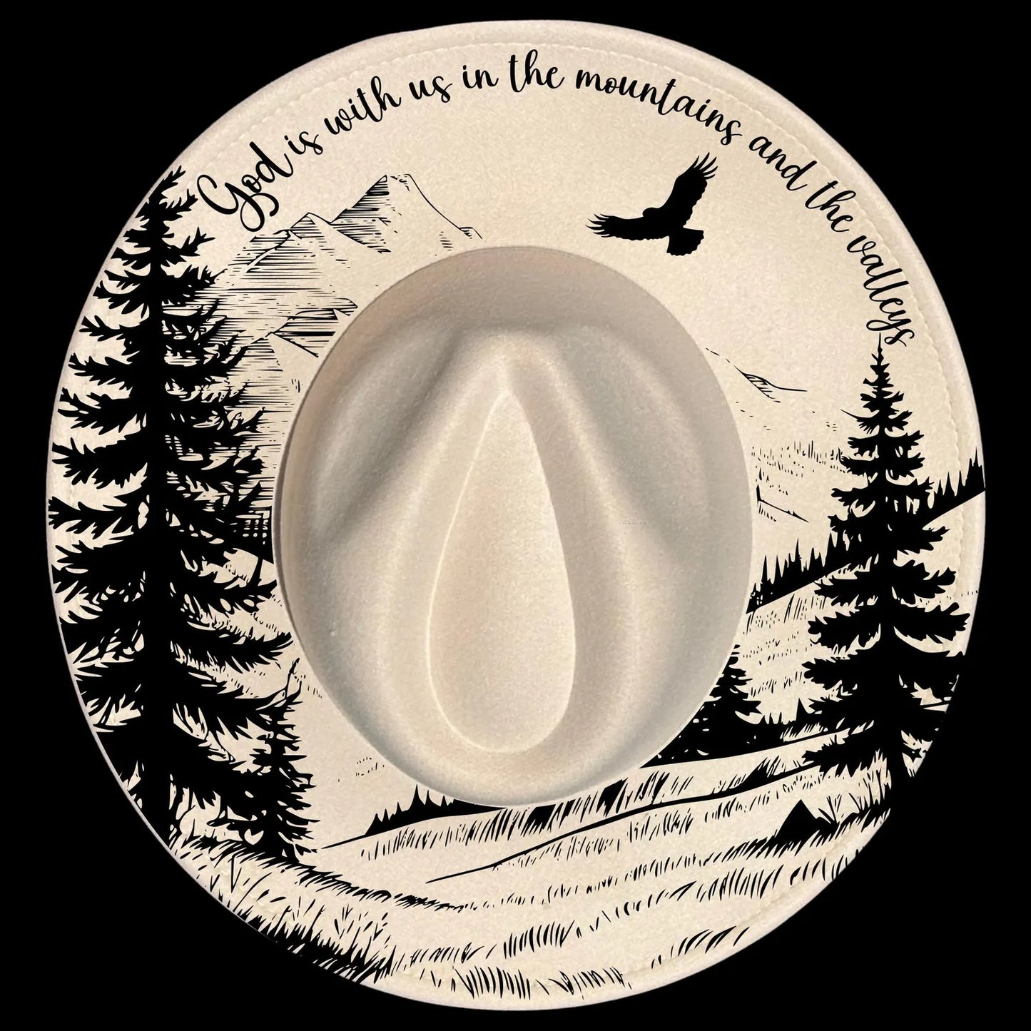 God Is With Us burned hat burning design on a wide brim hat