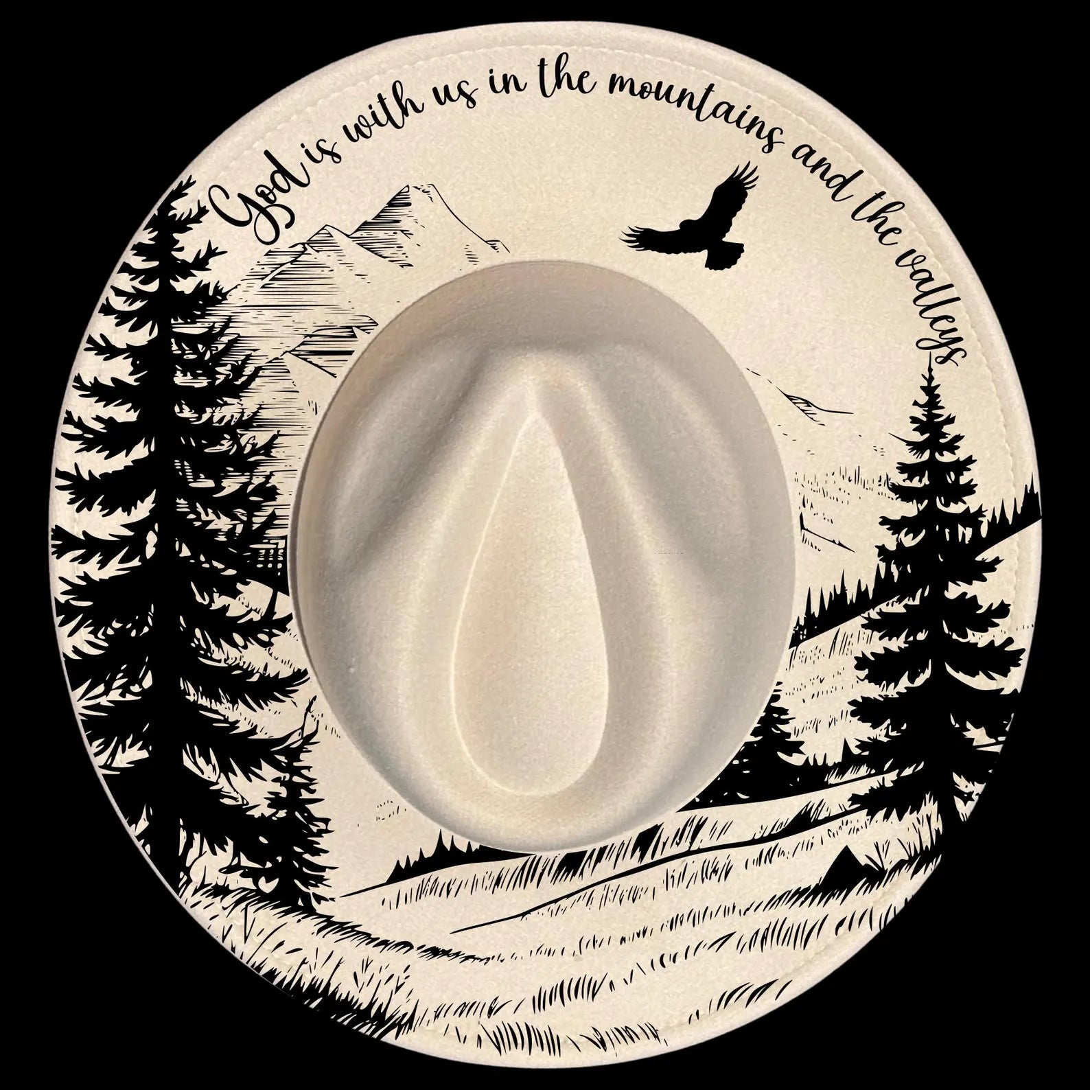 God Is With Us burned hat burning design on a wide brim hat