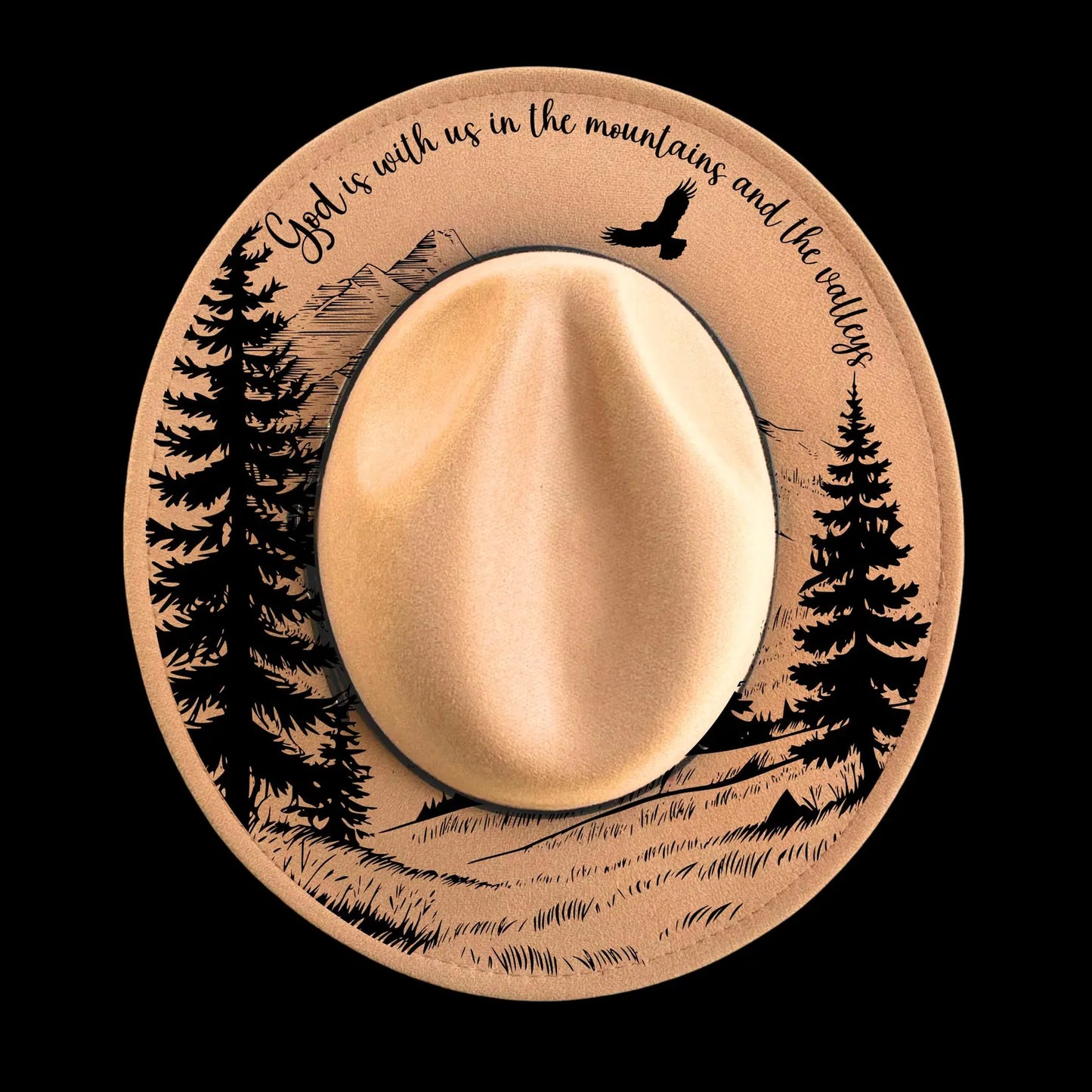 Narrow brim hat with nature-themed design and 'God Is With Us' Bible verse text on a black background