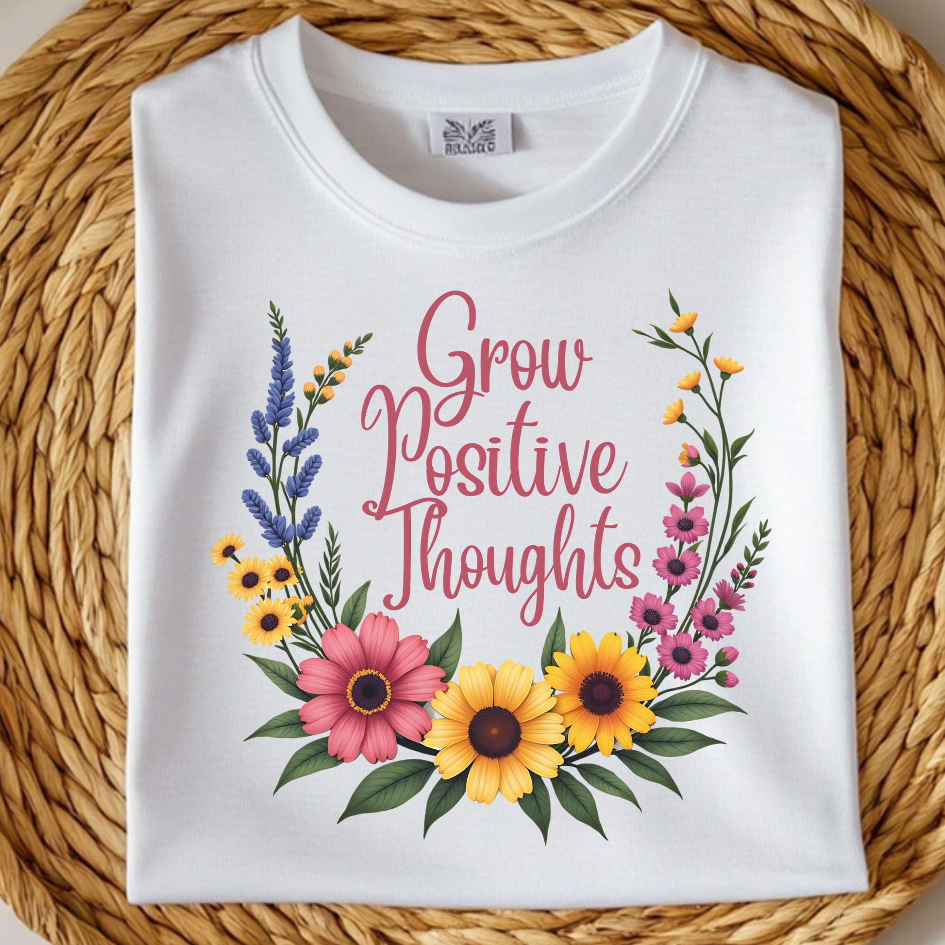 Grow Positive Thoughts PNG digital design on a folded t-shirt