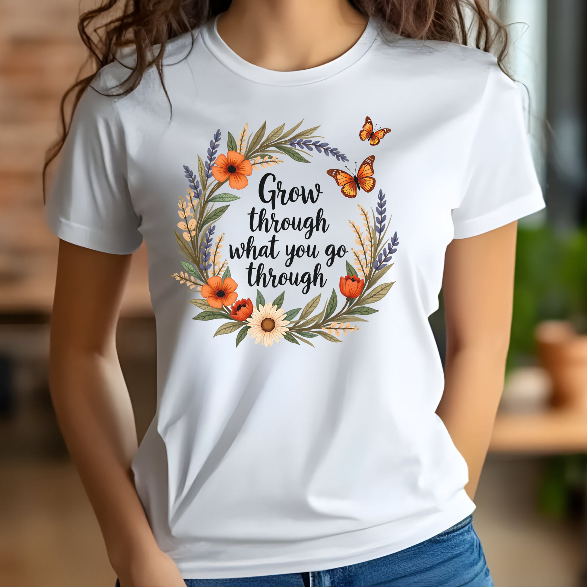 Grow Through What You Go Through PNG floral design with butterflies on a woman's white t-shirt