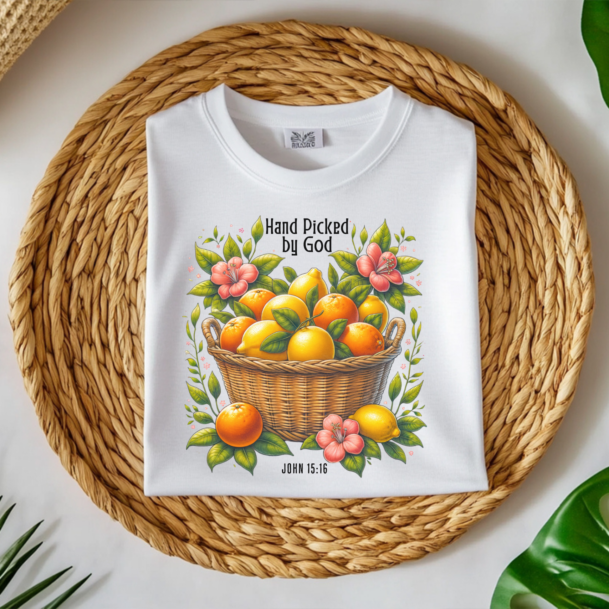 Hand Picked By God Fruit Basket PNG digital design on a folded t-shirt