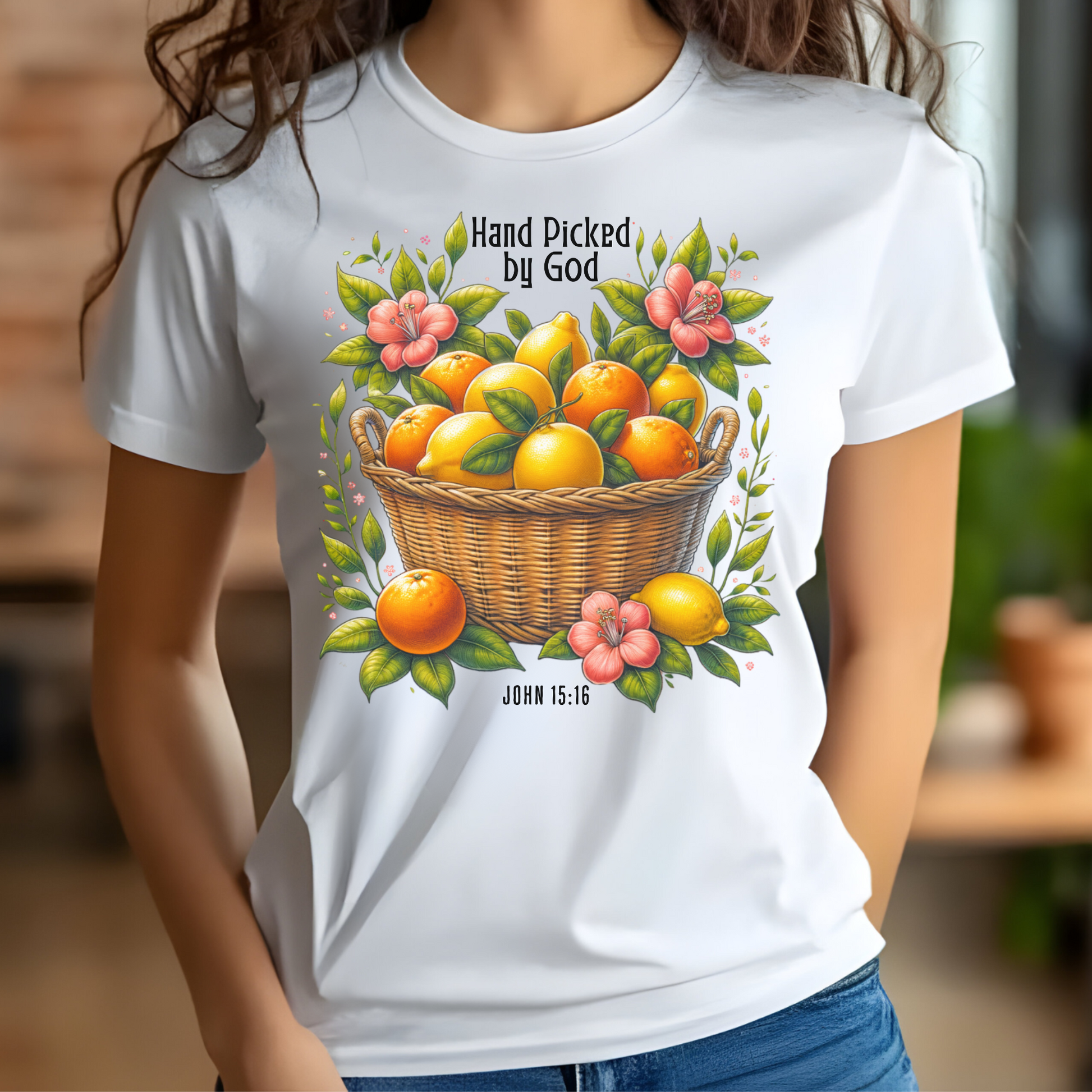 Hand Picked By God Fruit Basket PNG digital design on a woman's white t-shirt