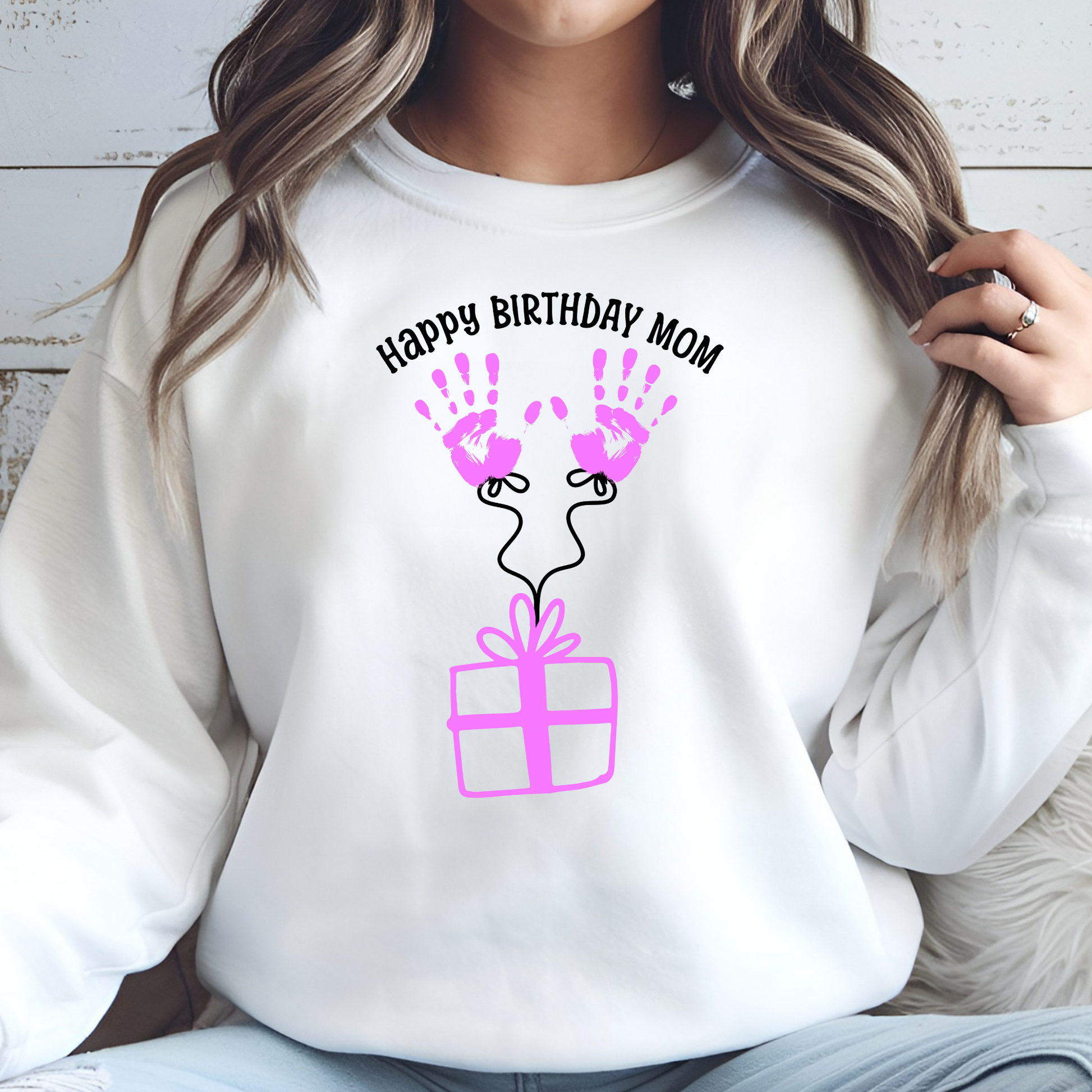 Happy Birthday Mom Pink Handprints digital design on a sweatshirt