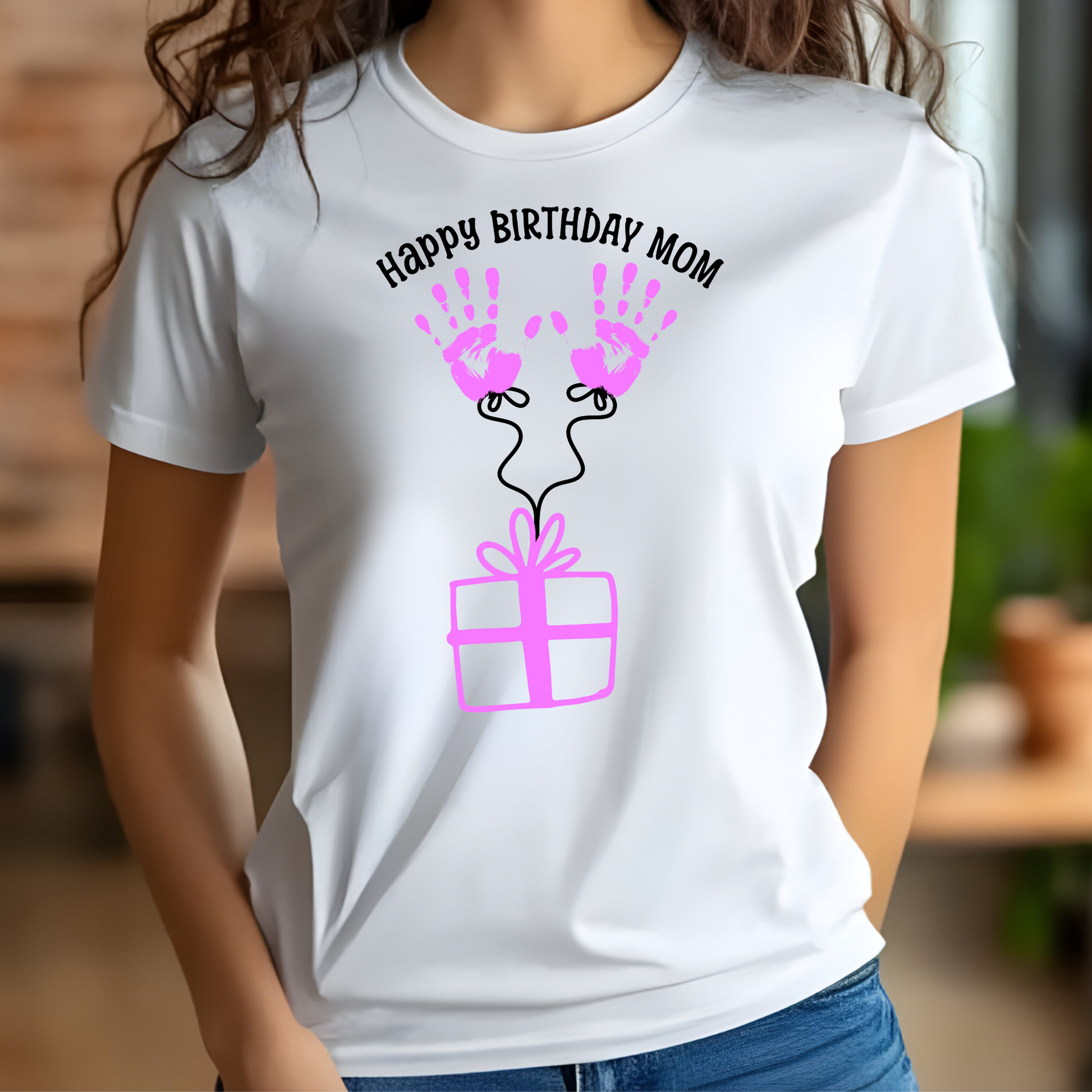 Happy Birthday Mom Pink Handprints digital design on a t-shirt