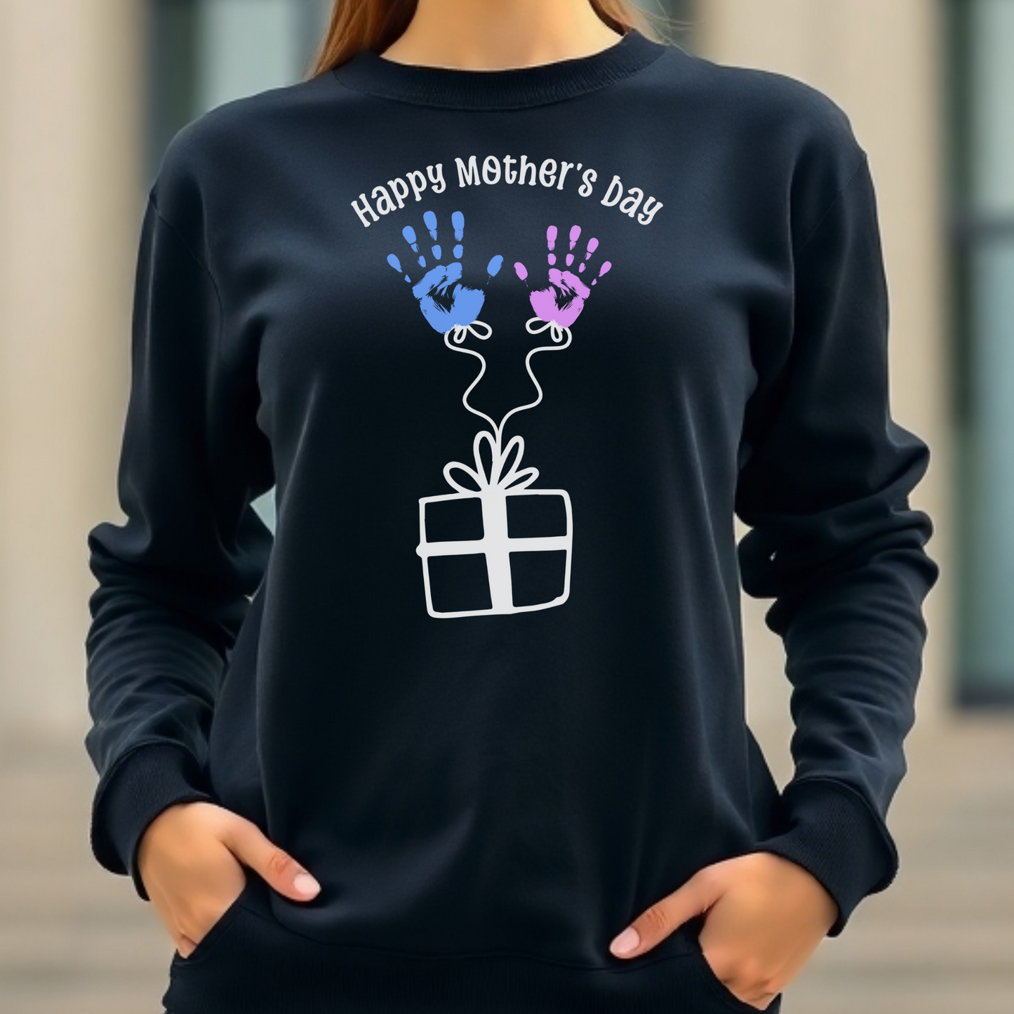 Happy Mother’s Day Blue and Pink Handprints digital design on a sweatshirt