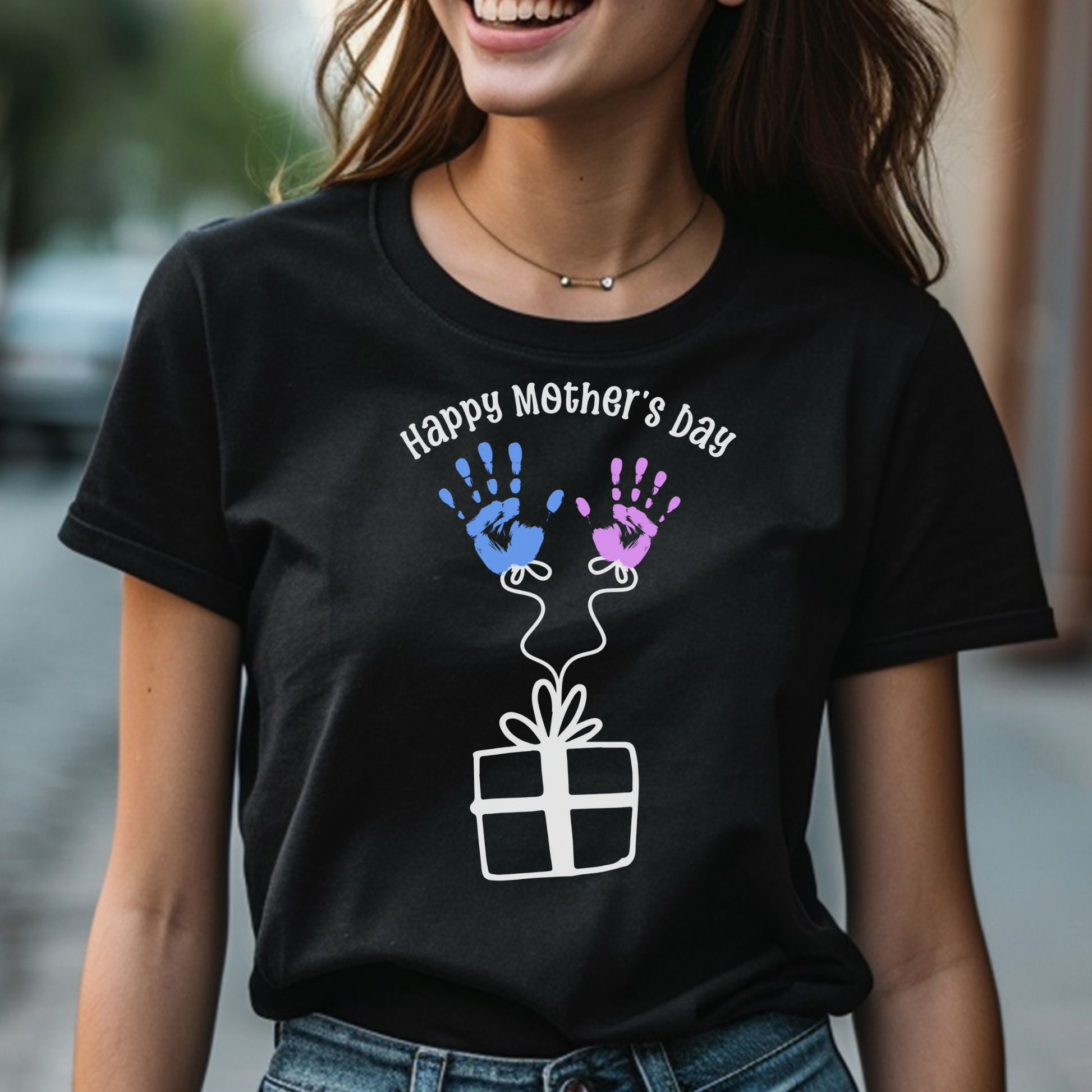 Happy Mother’s Day Blue and Pink Handprints digital design on a short sleeve shirt