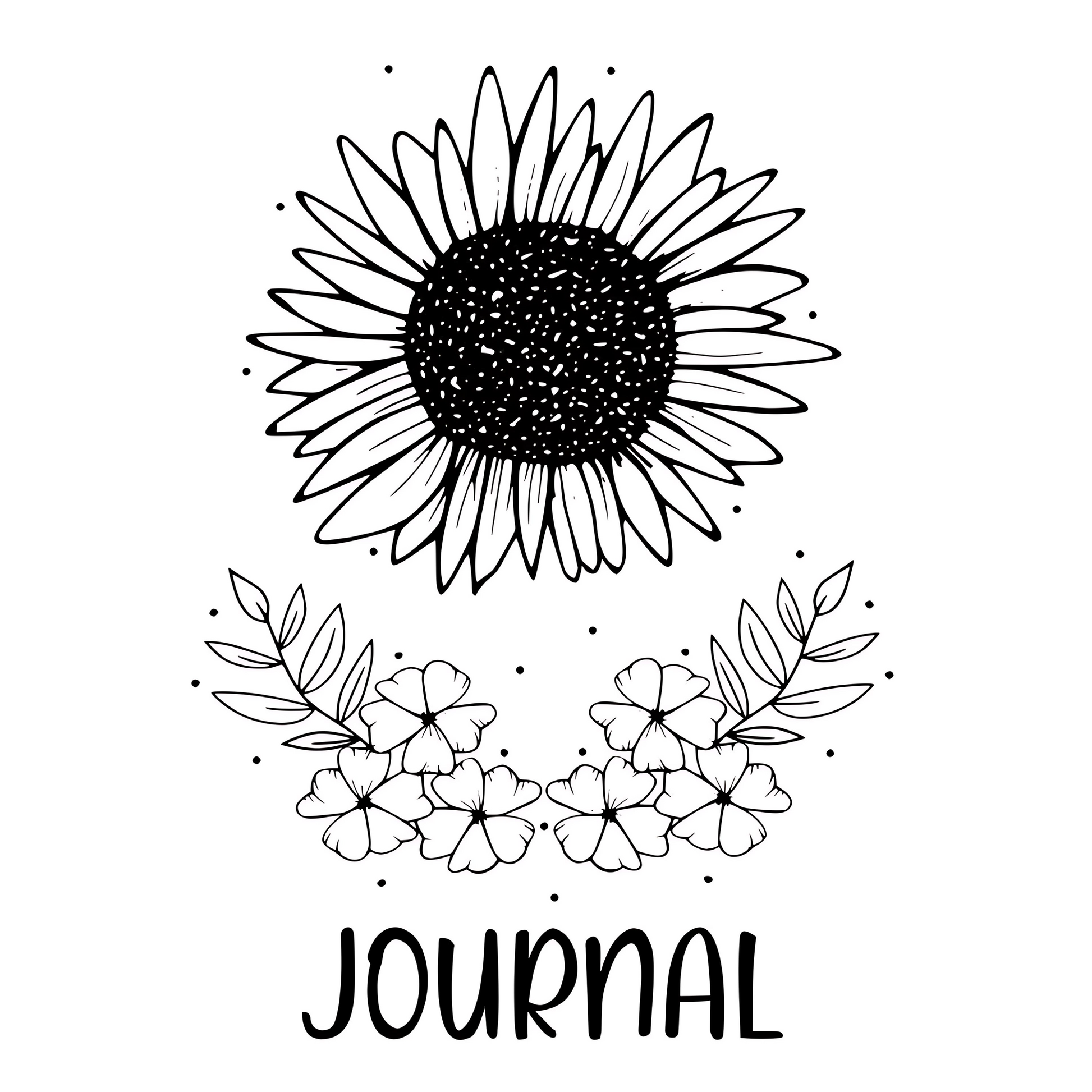 Black and white illustration of a sunflower with floral elements and 'JOURNAL' text on a white background
