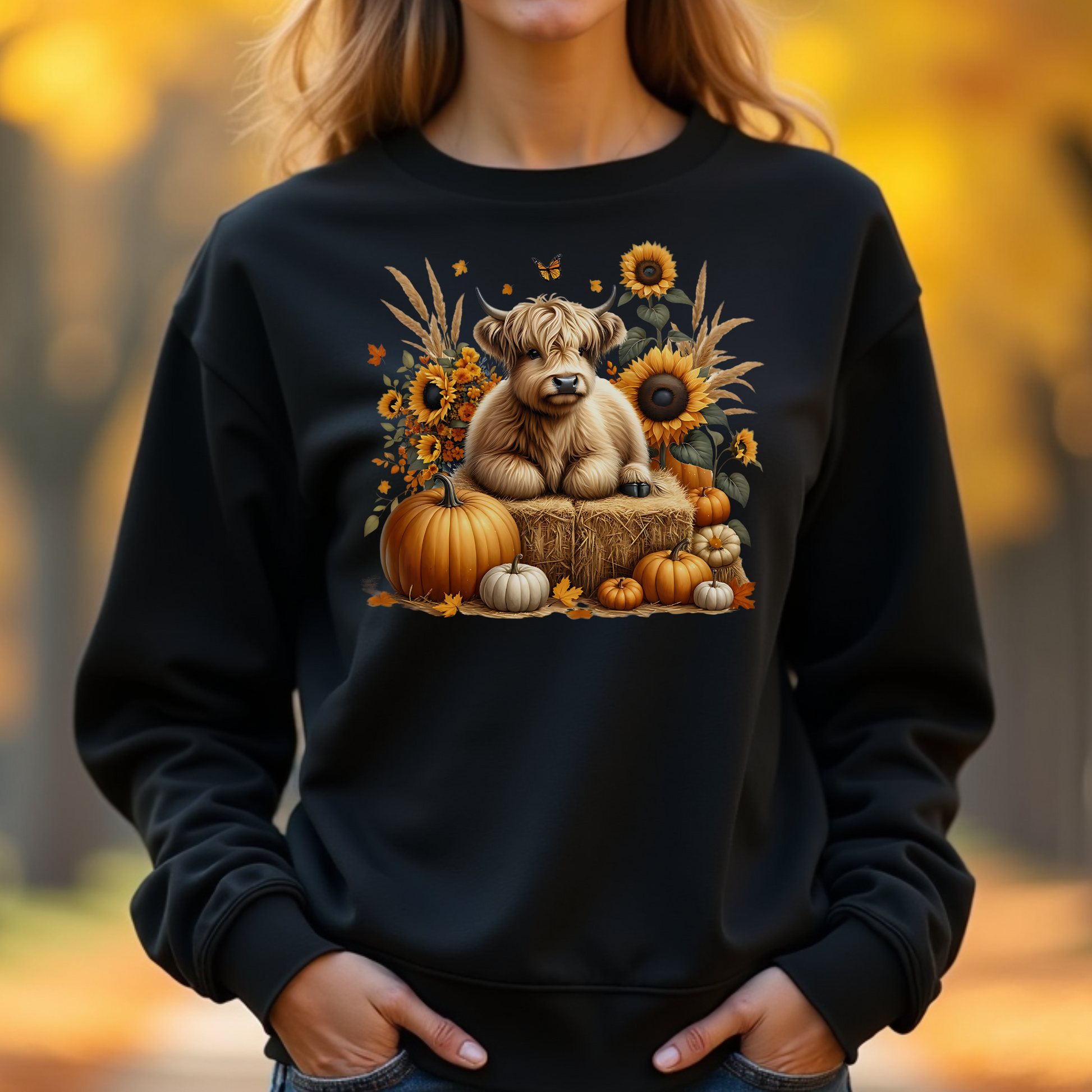 Woman wearing a black sweatshirt autumn-themed design.