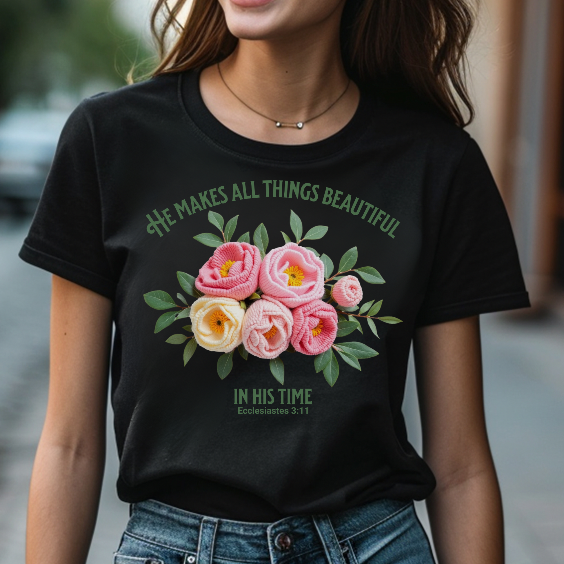 He Makes All Things Beautiful In His Time Ecclesiastes 3:11 digital design on a woman's black t-shirt
