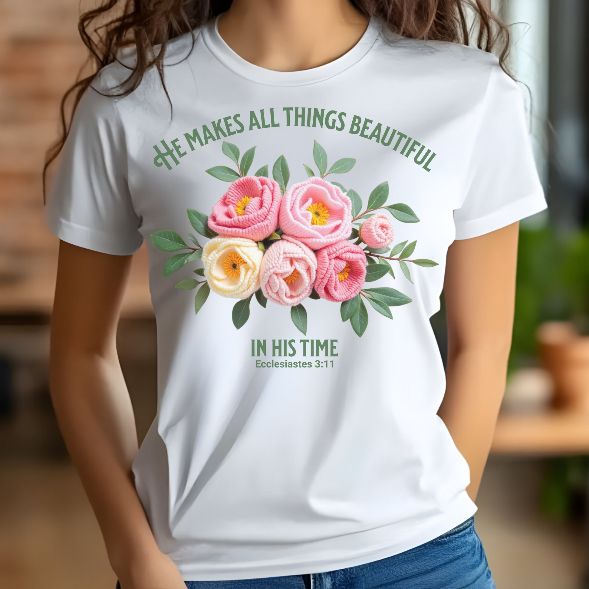 He Makes All Things Beautiful In His Time Ecclesiastes 3:11 digital design on a woman's white t-shirt