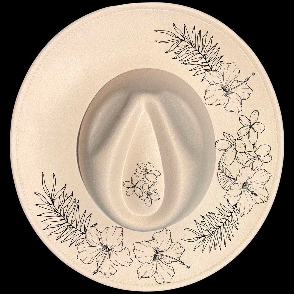 Hibiscus burned hat burning design on a wide brim hat